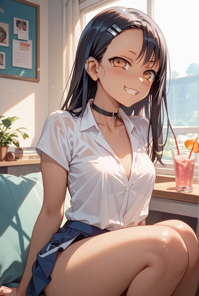 (((masterpiece, Highest quality:1.5,absurdres))),25 year old beauty,solo,((very small head:1.3)),long hair,bangs,(dark blue hair),dark blue eyes,gorgeous eyes,shy,tears,tongue、drooling,medium breasts,((very long body:1.3)),((toned body,slender body)),skinny,((tan skin:1.5)),gleaming skin,shiny skin,sweat,(cum in mouth,excessive cum),(White tank top、Yellow pleated mini skirt、Love juice),barefoot、arms up,kneeling,spread legs,on street,Back Alley、New York City、