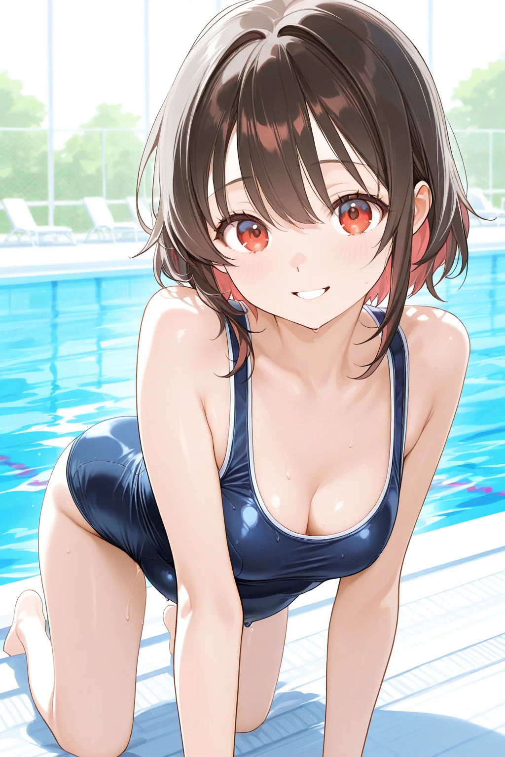 Masterpiece, Best Quality, High Resolution, Ultra High Resolution, Depth Of Field, short hair, brown hair, pink eyes, hair pin, bikini, pool,wet skin smile