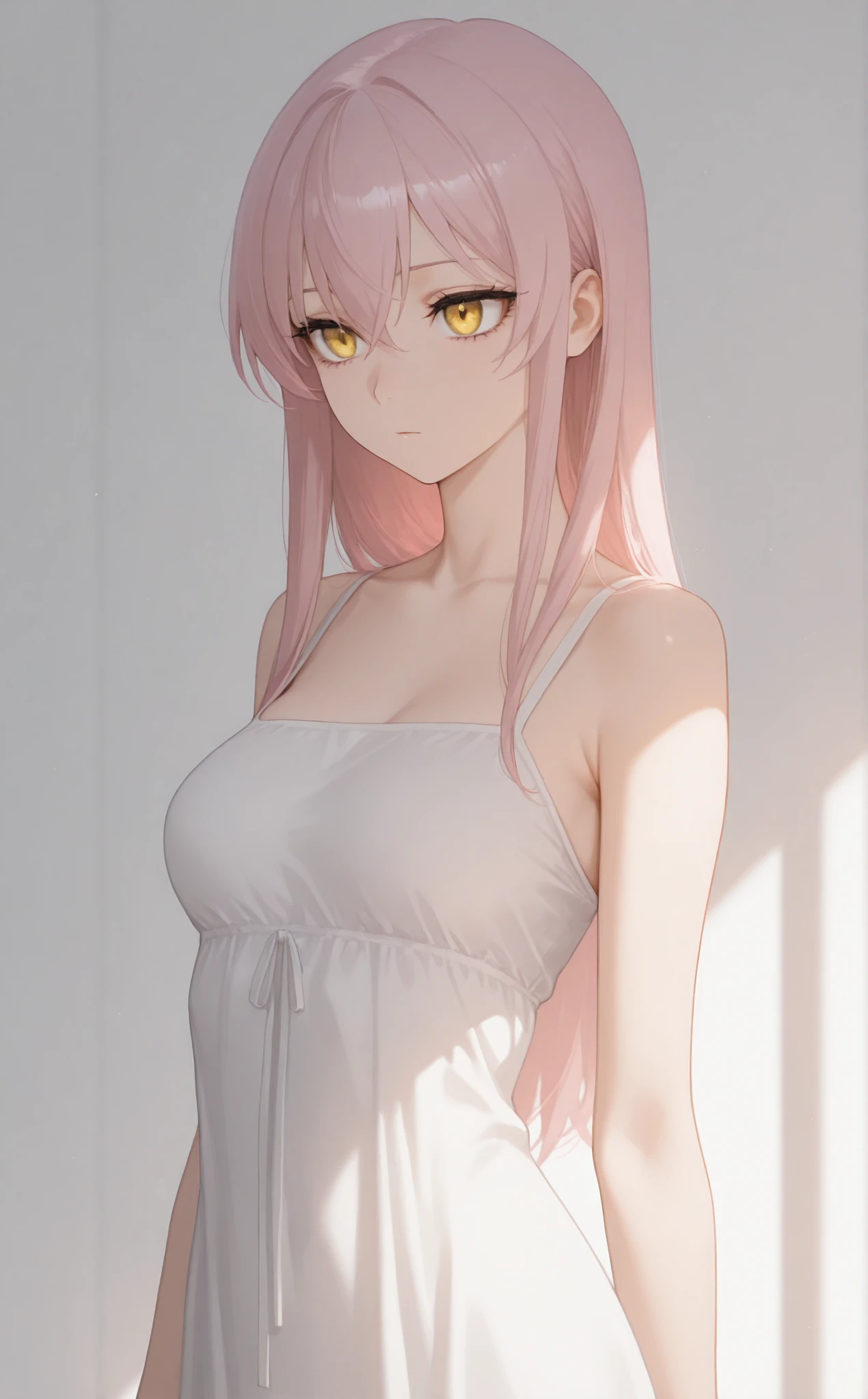 masterpiece, newest, Best Resolution, HD Quality, good lighting, safe. beautiful, adult, anime, good anatomy, . Pale pink hair , Hair below the shoulders. Golden-yellow eyes, dark eyelashes, piel clara, slim build, Medium Breasts Size D. She is 24 years old, measures 1'65 cm. looking at the spectator, Alone, white background. wearing clothes: Hanfu traditional white.