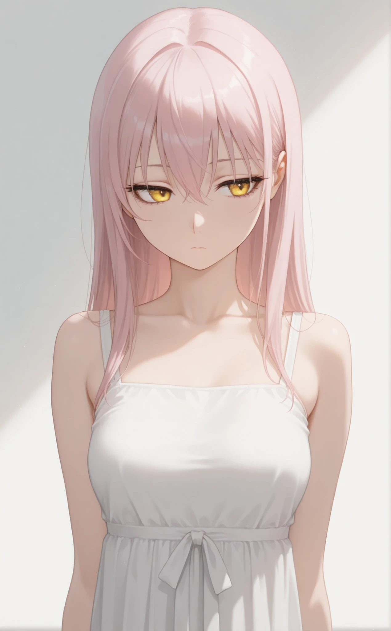masterpiece, newest, Best Resolution, HD Quality, good lighting, safe. beautiful, adult, anime, good anatomy, . Pale pink hair , Hair below the shoulders. Golden-yellow eyes, dark eyelashes, piel clara, slim build, Medium Breasts Size D. She is 24 years old, measures 1'65 cm. looking at the spectator, Alone, white background. wearing clothes: Hanfu traditional white.