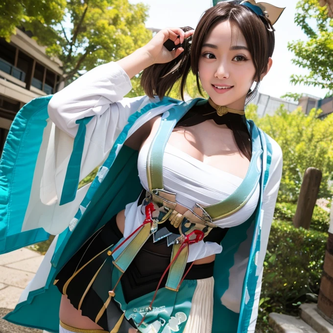 girl、dancer、perfect style、big chest、shrine maiden costume、No sleeve、Lack of sleeves、Pants are visible、mini skirt、