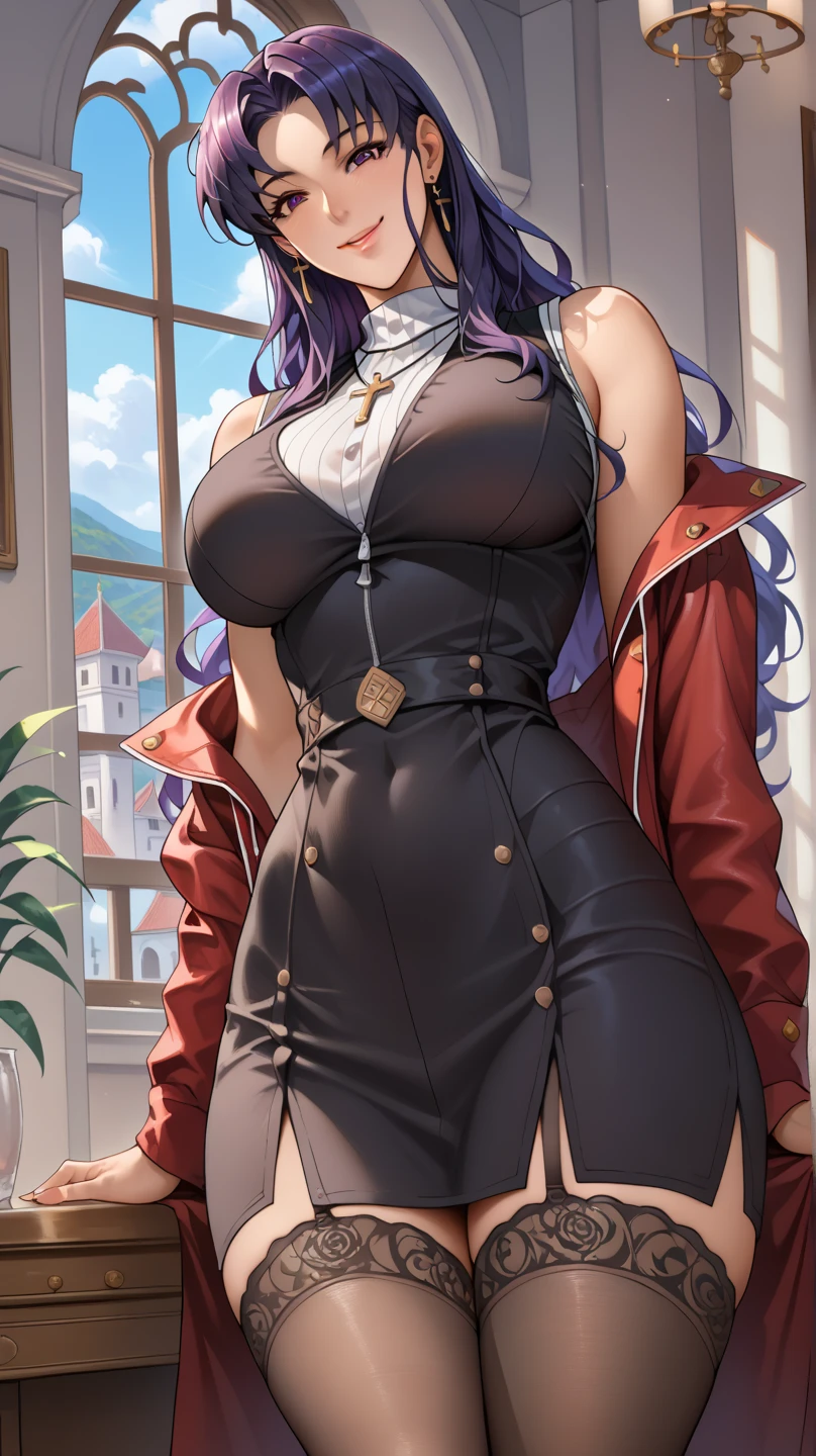 masterpiece, best quality,  animeLorelei, purple hair, blue eyes, hair between eyes, glasses, blue jacket, red shirt, cleavage, belt, pencil skirt, large breasts, cowboy shot, looking at viewer, smile, ocean, furrowed brow