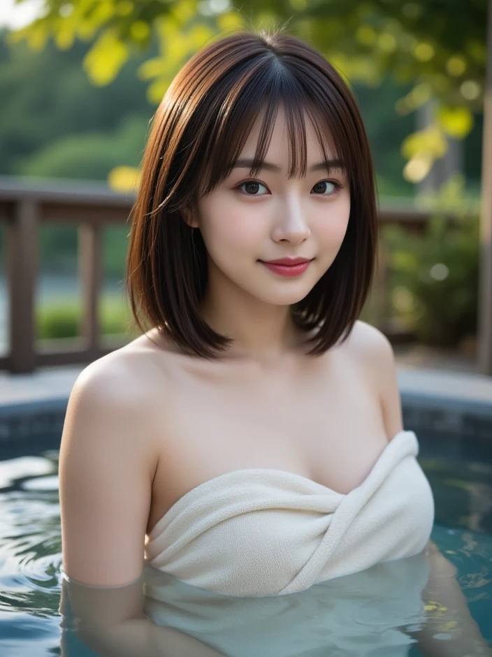 ((Browsing Caution))、最high quality、high quality、Best image quality、8k、最High resolution、High resolution、最high quality、masterpiece、far and near method、Detailed and realistic human body、Detailed and realistic skin、Realistic face in every detail、Realistic reproduction of every detail、Detailed and realistic lips、Detailed and realistic teeth、Detailed and realistic ears、Detailed and realistic hair、Detailed and realistic arms、Realistic reproduction of every detail、Realistic fingers in every detail、(Beautiful Hands、thumb1reference4)、Realistic feet down to the last detail、((Beautiful Japanese Girl))、(Japanese Model), (Japanese women)、((18 year old beautiful girl))、(Black Hair)、(Random Hairstyles)、(Sexy Looks)、((whole body))、((Beautiful upward-facing breasts))、(Slim Style、Slim fit)、(whole body glossy skin、Fair skin)、((Wrap a thin white towel around your body.))、((Thin towel(Her skin is visible through the wet thin towel.))、(The shape of her nipples is clearly visible through a wet thin towel)、(The shape of her pussy is clearly visible through the wet thin towel.)、((A wet thin towel sticks tightly to her skin.))、(Soft natural light)、((Deep in the forest(Natural hot springs gush out))、((Hot springs surrounded by rocks))、((deep bathtub(deep hot spring))、((Onsen Girls))、((Enter the hot spring))、((A woman warming herself in a hot spring))、((Soak in a hot spring))、((腰までSoak in a hot spring))、((Extremely clear hot spring water))、((The main body seen from the water surface))、((A hot spring with thick steam))、((A lot of steam rises from the hot spring.......))