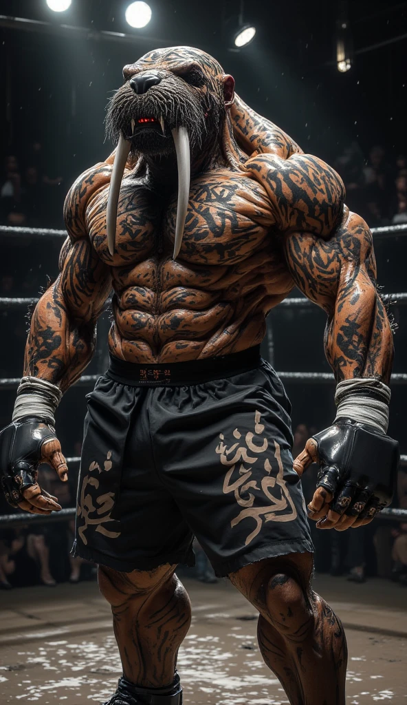 Tall african American MMA fighter has tattoos on stomach and arms he is very strong and has bright hazel eyes he has a beard with facial hair a d he standing in fighting stance. Little more slim build. Bigger nose and bigger lips has tattoos on the abdomen beard is a slightly shorter and he has writing on his chest his eyes are bright hazel that needs to be heading MUY THAI shorts 