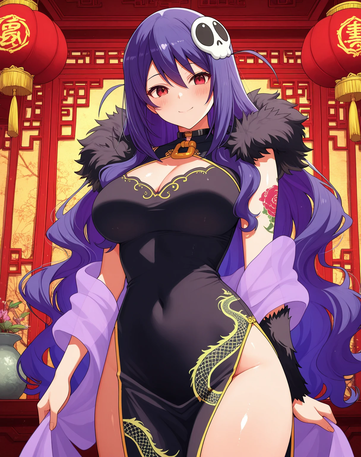 Wolf Girl, Large Breasts, Voluminous purple hair, masterpiece , Red eyes, hd, Thick thighs, Head to Chest, buried in my chest、Double teeth、tooth、Chubby、Grinning、Mini Chinese Dress、Big cleavage、Show your side