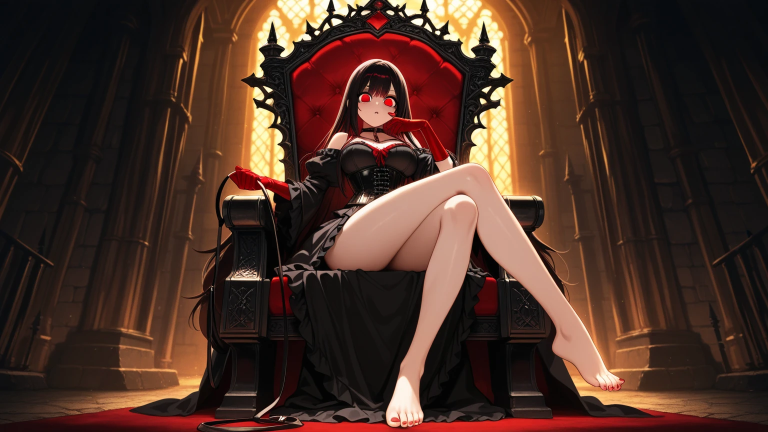 8K raw photo, Best quality, masterpiece, ultra high res,colorful,(photorealistic:1.4),raw photo, neonlight\(ttp\),1girl,solo,(perfect body shape) evil and beautiful, playful, smile, red eyes, (blood), dynamic angle, lying on throne, mystical, fanatic, intricate, surreal, delicate, wearing armored gothic dress,cinematic lighting,perfect face