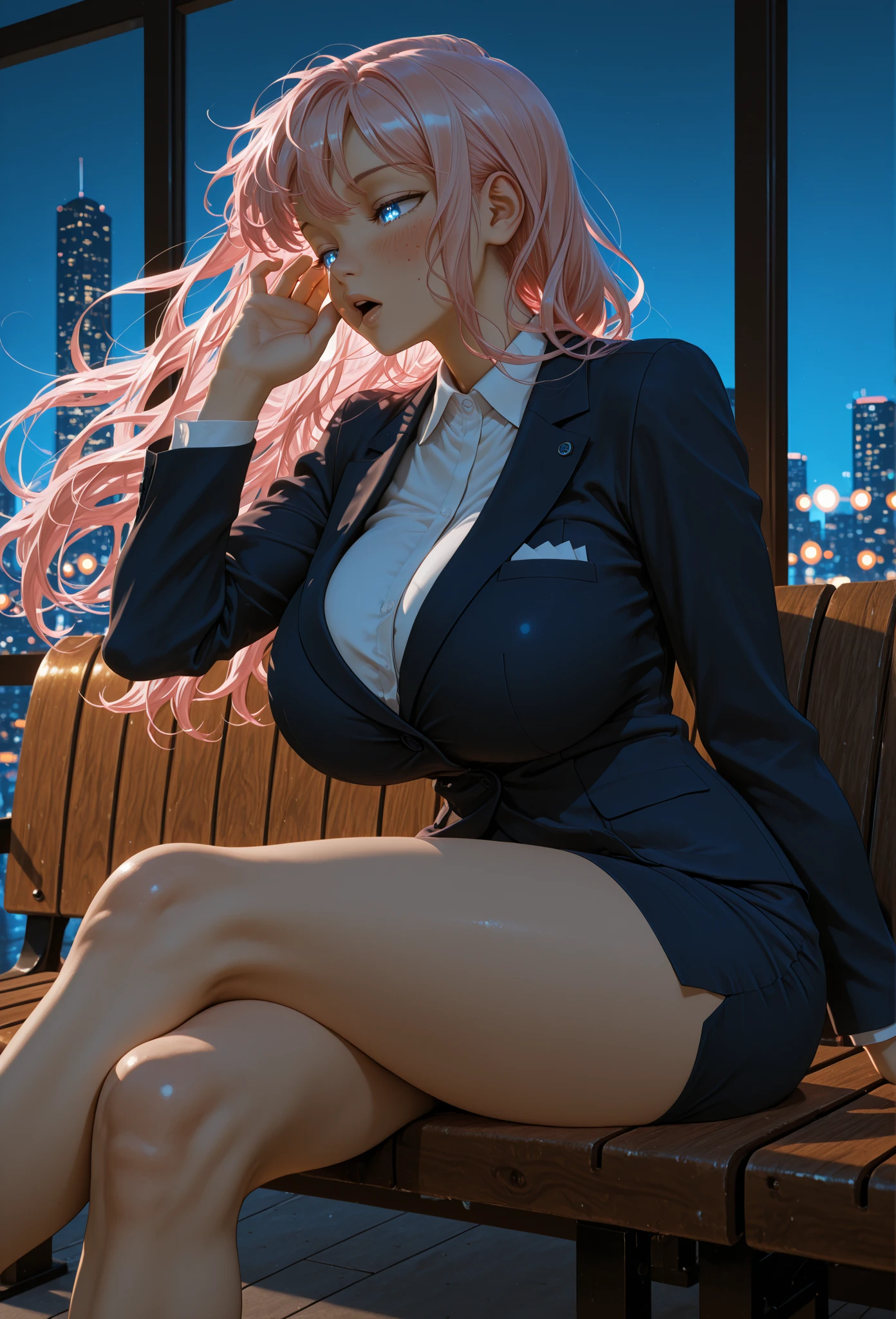 (masterpiece, realistic, best quality, perfect face, (beautiful and aesthetic:1.4), highest detailed face), ((Ingrid, 1girl, mature female, dark skinned female, pink hair, long hair, yellow eyes, (fake breasts), (narrow waist:1.2), wide waist, (tall waist:1.3)), perfect fit body, (cleavage:1.2), (((secretary:1.2), striped jacket, bra, black skirt suit, pencil skirt, miniskirt, high heels, (striped skirt:1.1), fishnet pantyhose, high heels)), (sexy pose:1.3), ((detail background), in dark )), detailed skin, skin pores, long detailed eyelashes, (night:1.3), curvy body type, looking at viewer, full shot, (solo:1.4), (elegant, intricate, digital photography, high quality, 4k, extremely detailed, sharp, CG, hyper realism, dramatic light, HDR),
