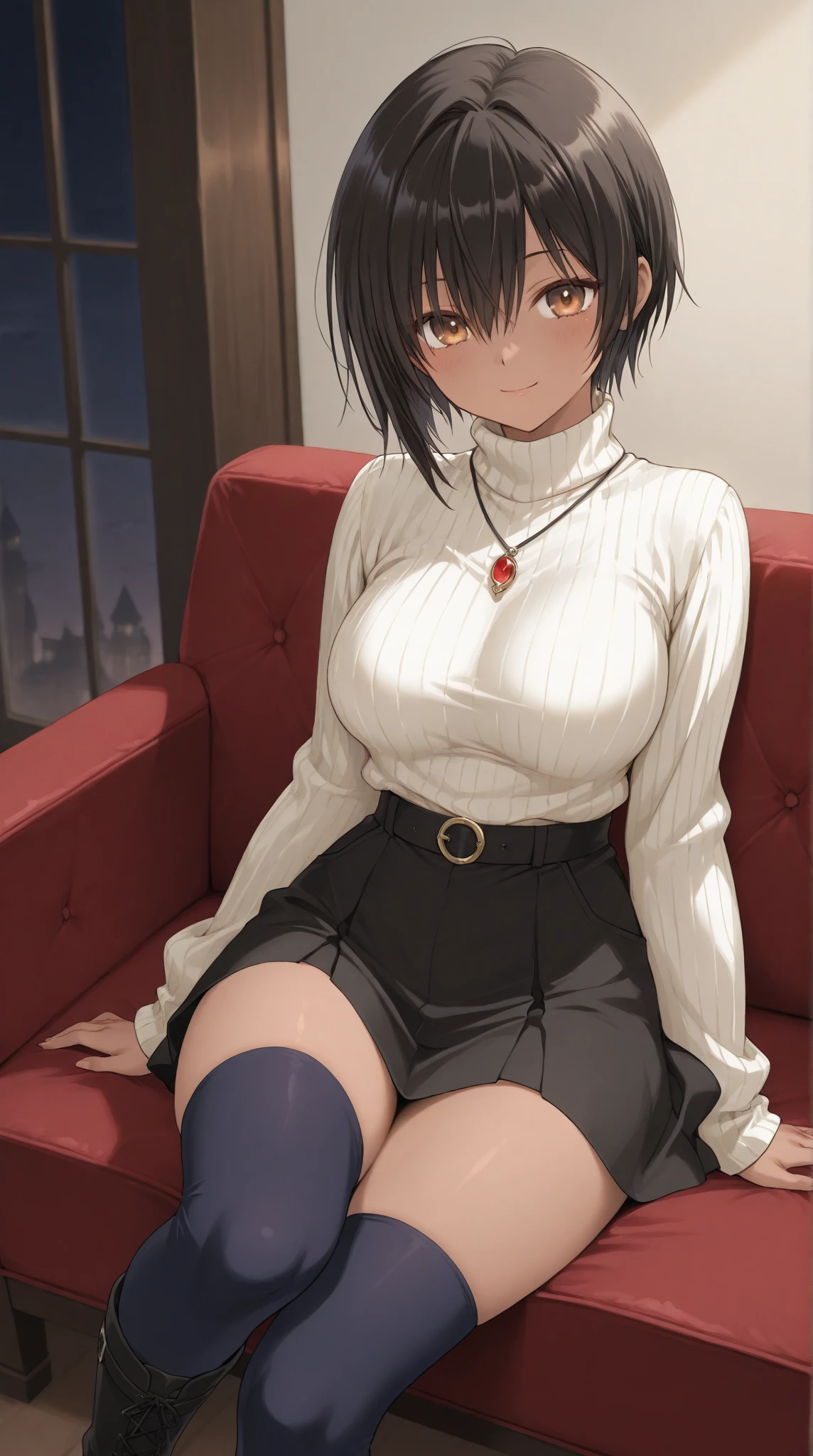 masterpiece, top quality, high resolution, masterpiece, adult woman, one, pleated mini skirt, light blue miniskirt, short hair, black boots, evil smile, black hair, evil smile, evil plan, blue eyes, love hotel room
