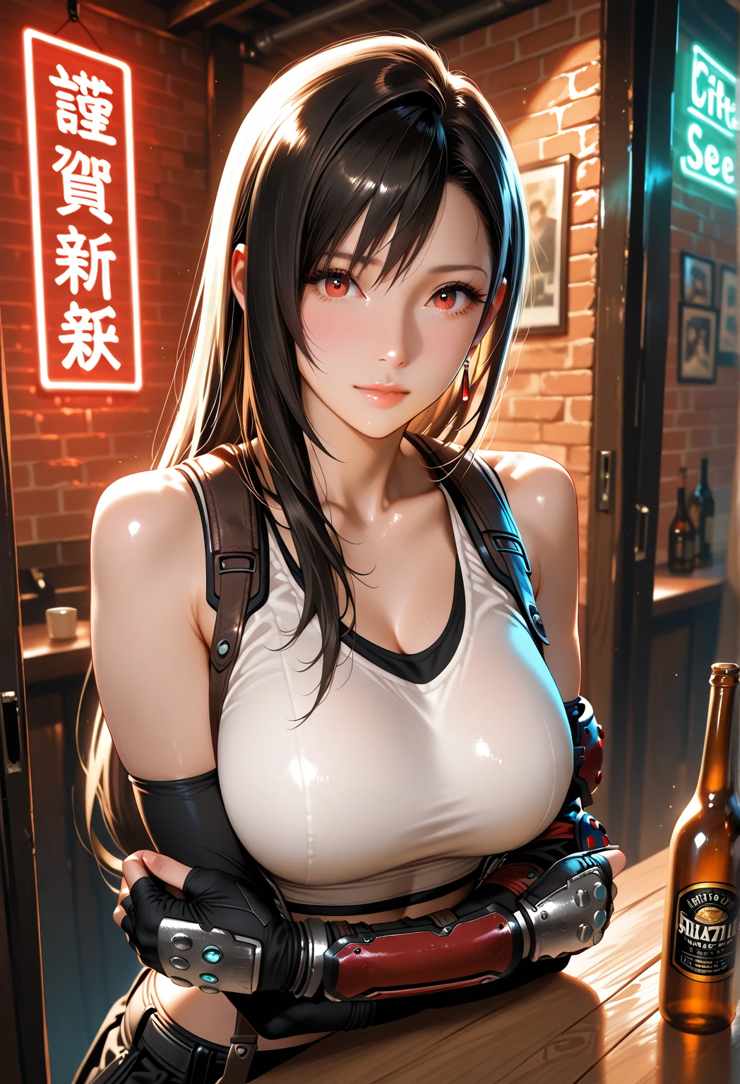 nsfw, (shirt lift:1.5), (((showing nipples:1.3))), (sitting with knees up), ((spread pussy:1.4)), (top quality, masterpiece), (((FF7,Tifa_lockhart))), rocket tits, (((suspender, tank tops, A dark-haired, length hair, elbowgloves))), ((Beautiful detailed red eyes)), (Beautiful highlights of red eyes)), Facial light, navel, High exposure, (((tight mini-skirt))), Exposure of the abdomen. ribs, abs, nsfw, ((showing nipples)), ((spread pussy:1.4)), (solo), (bar counter), (back bar), (Bottles of liquor all over the wall:1.5), wall shelf, Ultra-detailed face, (((FF7,Tifa_lockhart))), (black brown hair, big breast:2.0),nsfw, ((showing nipples)), about 18 years old,kawaii, (seductive smile:1.3), nsfw, ((showing nipples)),