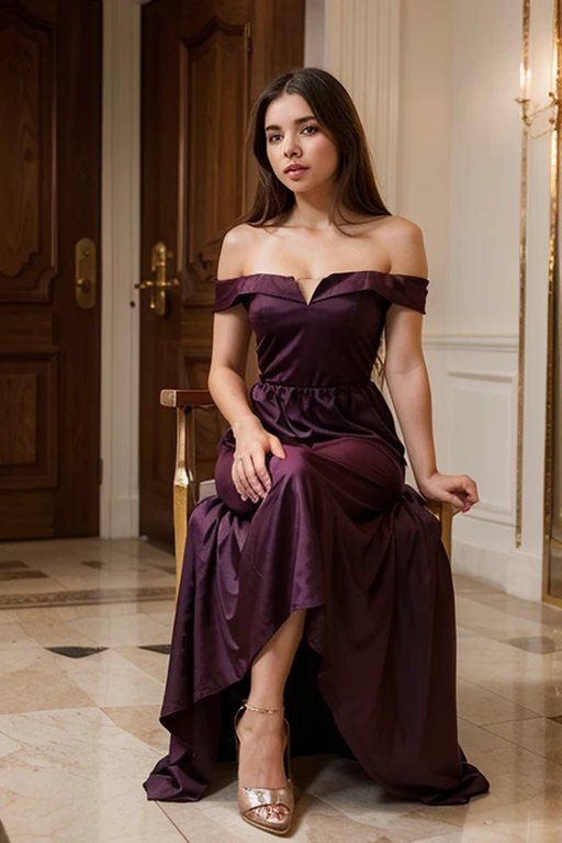 young brunette woman, beautiful eyes. long brown hair. Long dress in shiny burgundy satin, Tights, 项链, transparent lip gloss, narrow building, Pretty, 2, Full body photo, long legs, Satin top, Sitting in a church and looking around, looks stunning. is enthusiastic. Beautiful shoes