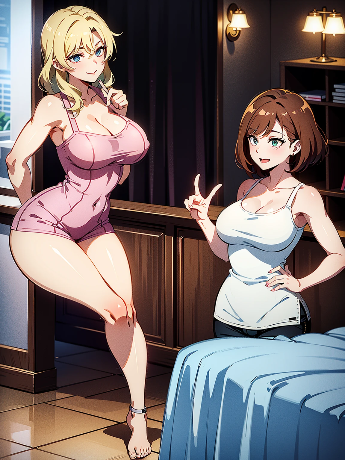 A mom seducing her young son, European 60 year old milfs with their young son with blonde and brown hair, best quality:1.4), (ultra highres:1.2), (8k, RAW photo:1.2), laurenalexis, 1girl, beautiful girls, the mom is showing off their curves, bending over seductively, wearing sexy outfits and short shorts, with their young son, clear eyes, a mom and her young son