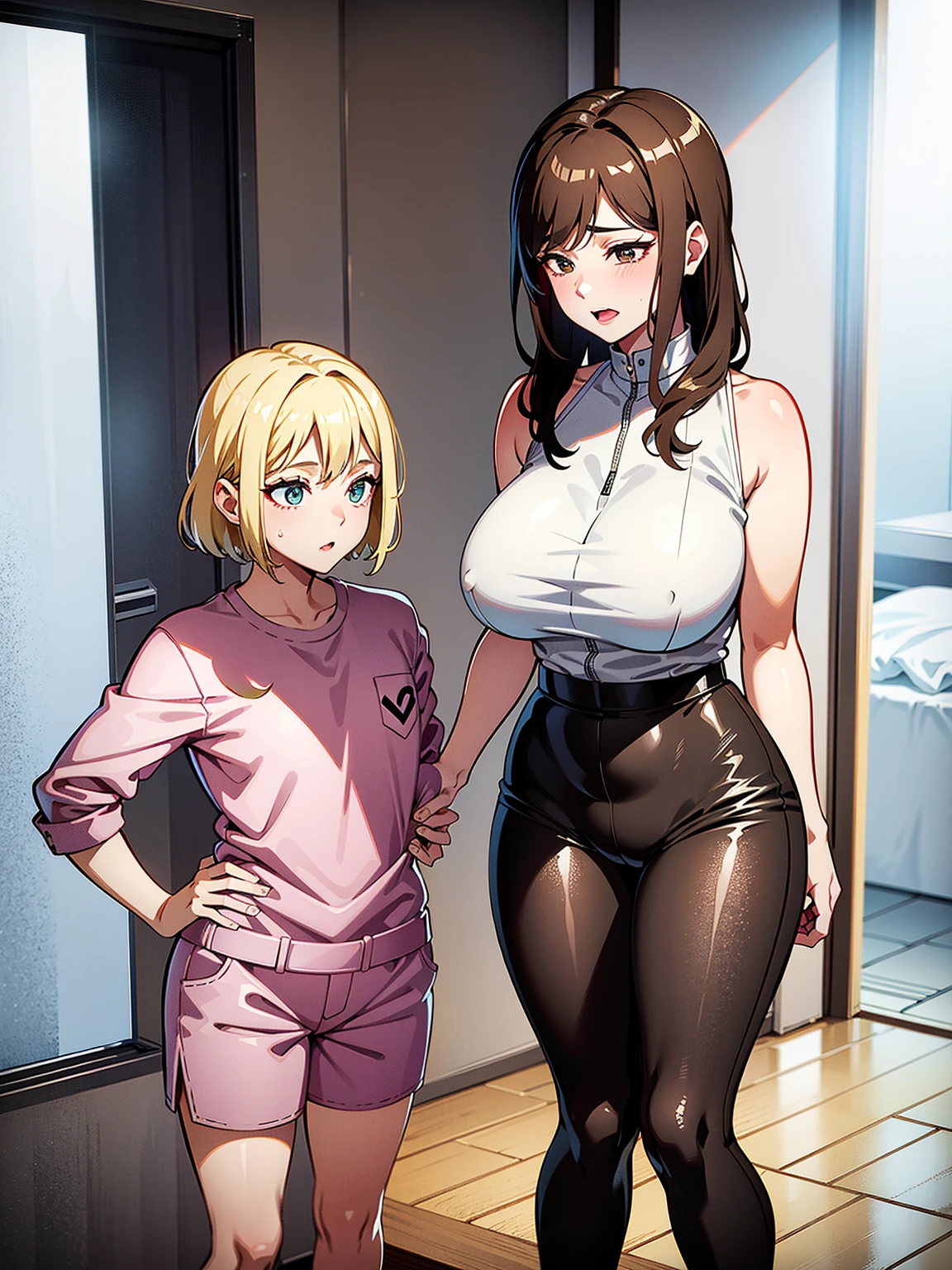 、(masterpiece、Highest quality)、Highest quality, Ultra-high resolution, (((masterpiece))), alone, Sweat、Big eyes, In underwear、bra、Panties、Small underwear、Composition from the front、（Cut the back hair short、short hair、blonde、woman）、Shortcuts、Embarrassed face、Cut your hair short、可愛いwomanの子、Big Breasts