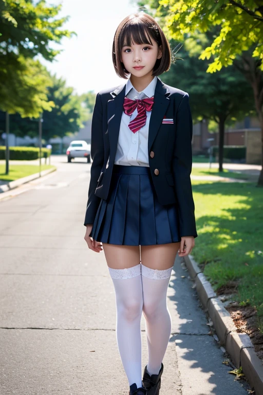 (8k, RAW photo, best quality, masterpiece, realistic, detailed face, detailed skin, warm color temperature, 1girl, solo:1.2), beautiful Japanese (skinny:1.3) girl, (opll:1.2), (short stature, height 148cm, petite:1.2), (short hair:1.3), forehead, brown hair, full body shot, front view, dirty skin, (JP SCHOOL UNIFORM:1.3), 22 years old, face, looking at viewer, microskirt, (huge breasts:1.2), smile, shy, dulled colors, Walking down the chapel aisle