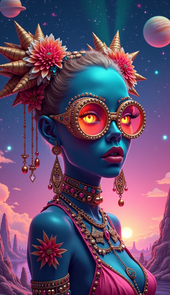 an young beautiful shroom lady zombie in bikini with glasses and a chain around its neck, radiant nebula colors, vfx movie, marvel art, highly photographic render, , illustration iridescent, heavy metal artwork, his head covered in jewels, similar to the bifrost, conceptart. com, avatar image, genie, love death and robots