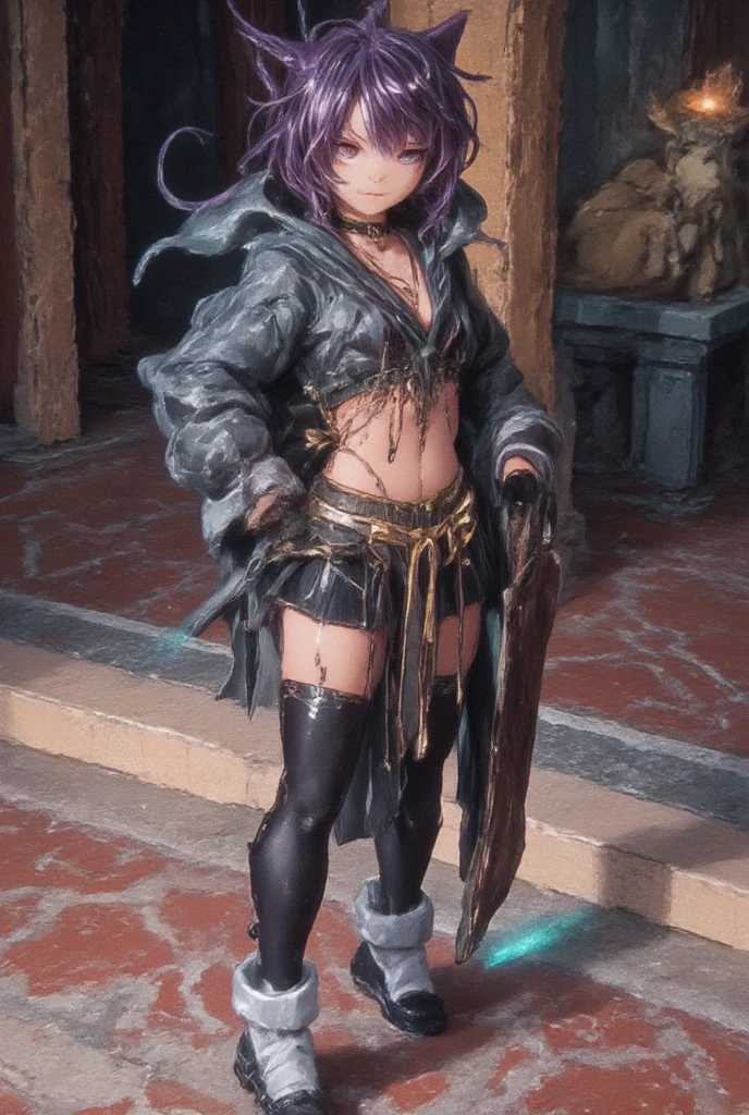 A black-haired girl wears viking helmet wields the Heavy Thrusting Swords from within the Elden Ring in a reverse grip.