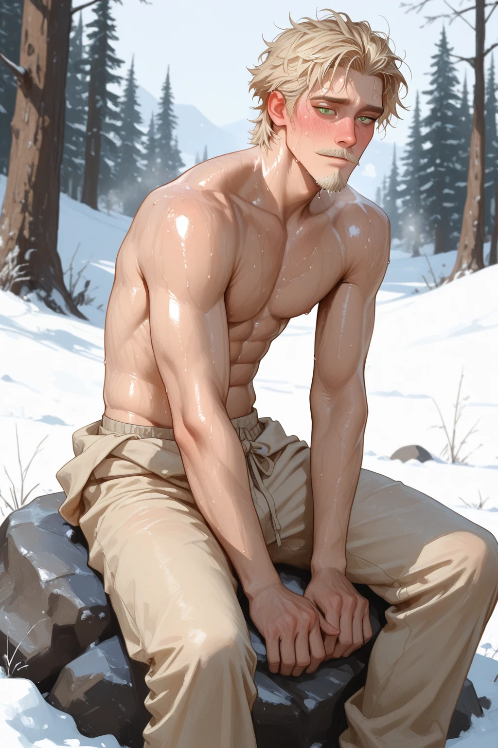 best quality,masterpiece,Ultra high detail,A handsome muscular man,Short white haired Fractal Jack Frost, shirtless , nude, naked, perfect detailed penis and scrotum in the snow