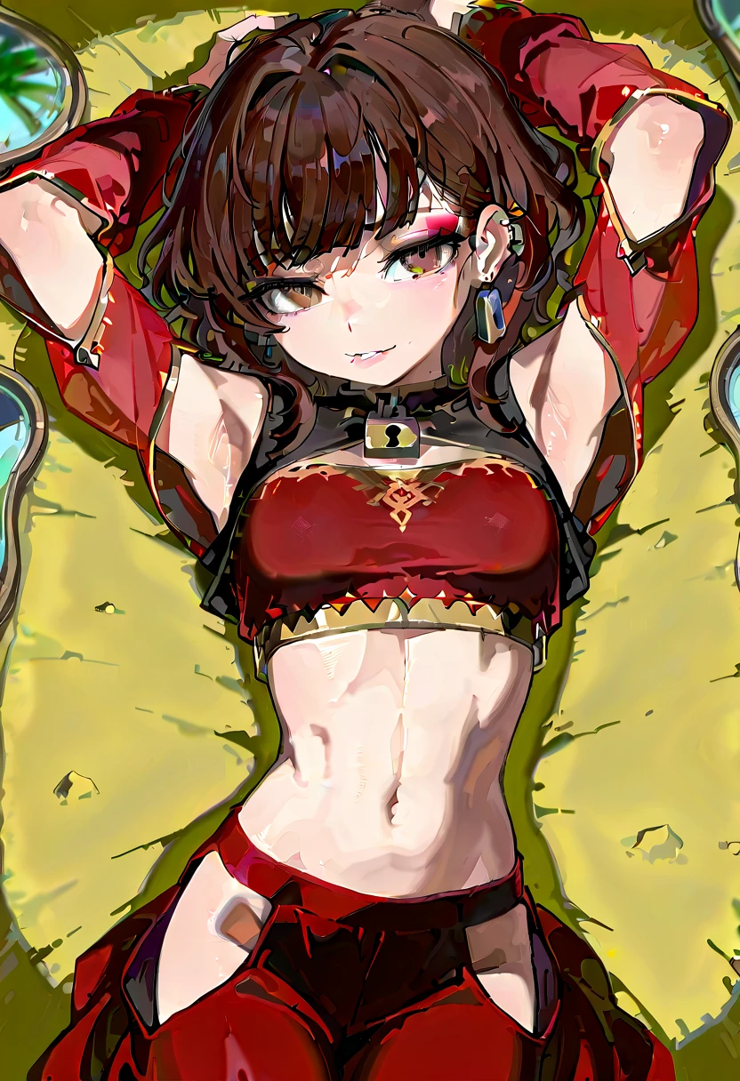 Good quality, cynthia from pokemon, sexy body, yellow lingerie, chained, anime style, detailed