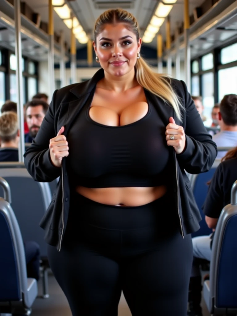 1girl, photorealistic, realistic, photo of a Czech woman, (((sexy chubby))), (chubby), (ugly face:1.1), middle age, blonde hair, long hair, a 45-year-old woman, body of 45-year-old woman, wrinkles on her face and body, (((boobies))), (((She is standing seductively on the departure area of the airport, a woman awaits her journey with a mix of anticipation and perhaps a hint of nostalgia. Surrounded by bustling travelers and the hum of announcements, she might be checking her boarding pass, adjusting her luggage, or simply taking a moment to absorb the atmosphere of imminent adventure or reunion. Her expression could reveal a range of emotions from excitement to contemplation, reflecting the unique blend of emotions that airports often evoke))), (((she is wearing a color hot pink crop top hoodie jacket paired with color black cycling shorts))), she is looking at the camera smiling, (((dynamic pose)))
