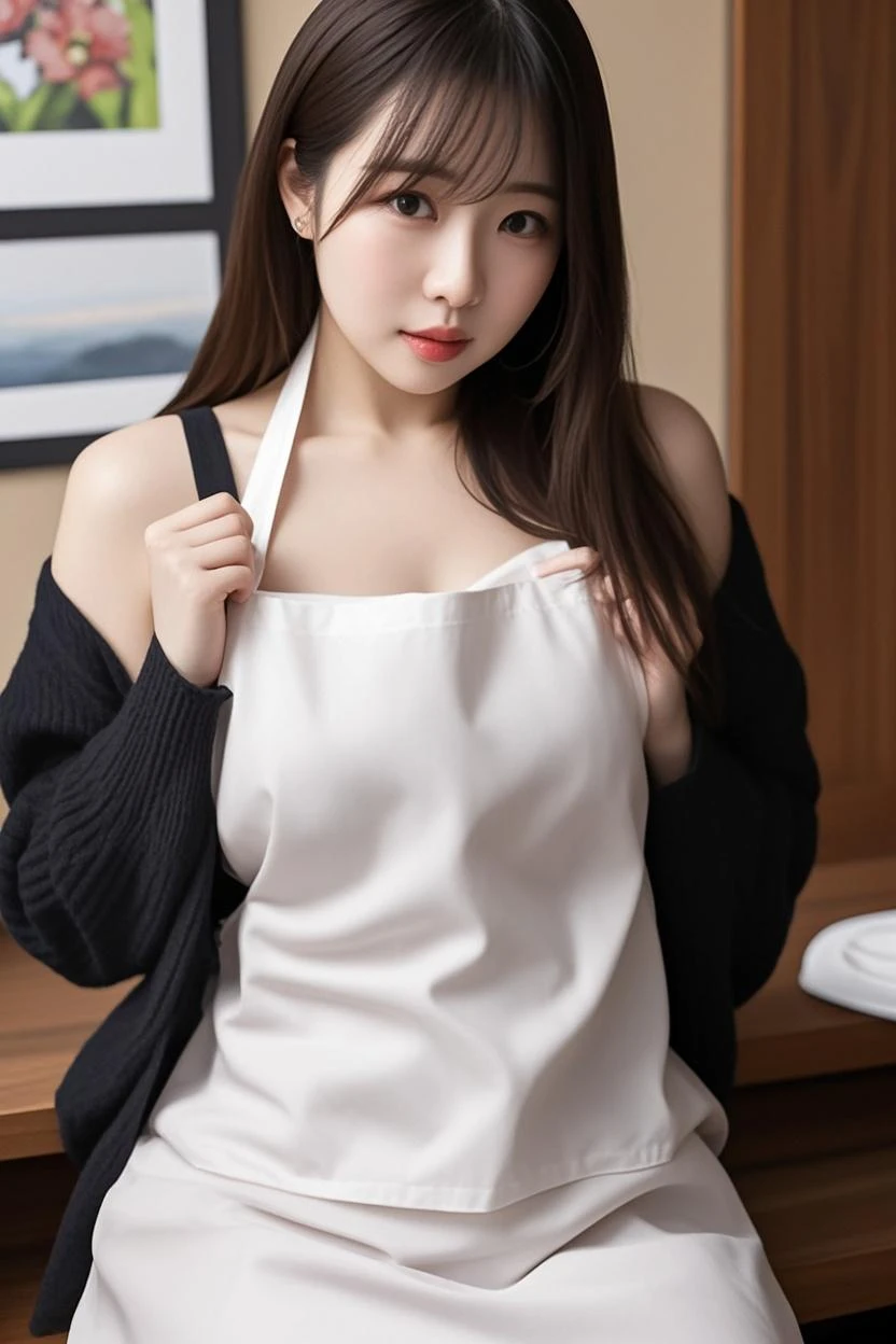 (lifelike, high - resolution:1.3), 1 girl with a perfect body, Super fine face and eyes,slong hair,just wear an regular apron, big boob,Expose cleavage, NSFW, side boob, .