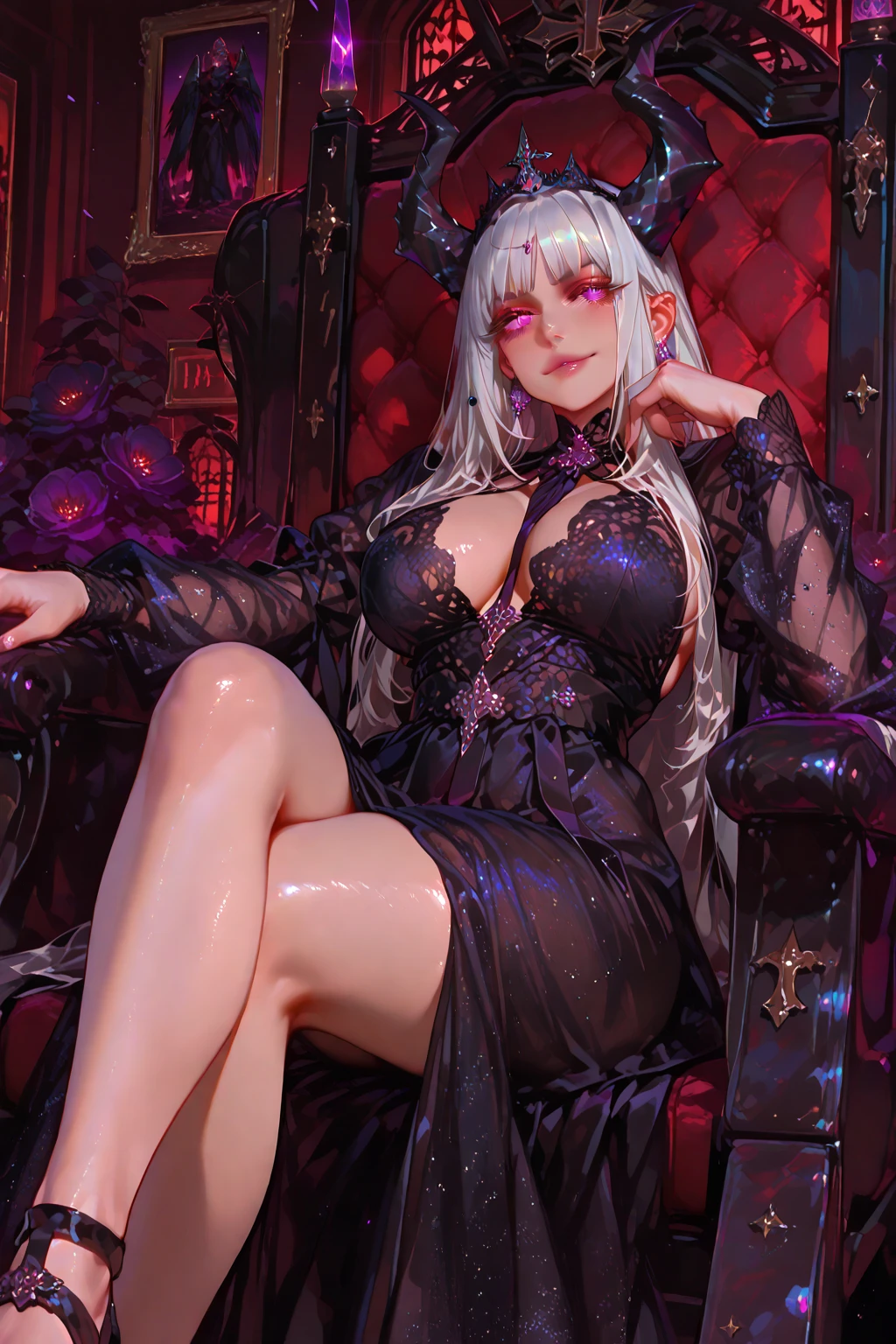 1 mature and seductive woman and 1 succubus(Detailed Description,Incredibly absurd,High resolution,8k wallpaper,masterpiece,Highest quality,Depth of region,Anatomically accurate depiction,A face with attention to detail, Eye for detail,Perfect body,Two lovely hands, Five perfect fingers),(Glowing Skin、Shiny skin),(((A woman disguised in a sexy sequined dress))),eyelash,Luminous purple eyes,Bewitching Smile,Large Breasts,Glossy lipstick,Sweat,(background:Large mirror,The mirror reflects the true form of a sexy succubus),