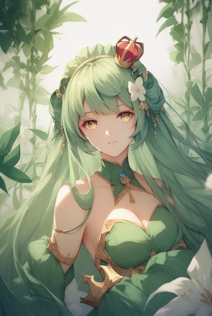 masterpiece，Highest quality，Highest quality，Beautiful and beautiful，Realistic，Full Shot，A beautiful girl the size of a flower, Flower spirits in human form，Sharp focus，Beautiful Eyes，Between the leaves，(Chiaroscuro:1.4)，Ultra-realistic，attractive，Soft emerald green outfit，Sleeveless long dress，Glitter，Illumination，Transparency，Character Design, Digital Art