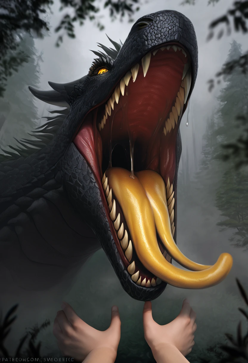 Dragon.Wild.Sharp teeth.Huge body.Approached.黒いmouth.Slimy Throat.Bright throat.scales. A slimy tongue licks me. mouth.Get on your tongue.Physical Difference.naked.Human first person perspective.Closing Arms.Stretch out one hand.A big tongue wraps around my arm.Dripping saliva.Evil yellow eyes staring.mouthが近づいてくる.Swallowed Whole.prey.Hot breath.差し迫ったSwallowed Whole.drool dripping. Shadows Spread.Hot breath.fog.A terrifying growl. Enveloped in darkness.Touching the tongue.Uplifting.forest.nature.Realistic.sense of distance.詳細なmouth内.(masterpiece.Highest quality.)