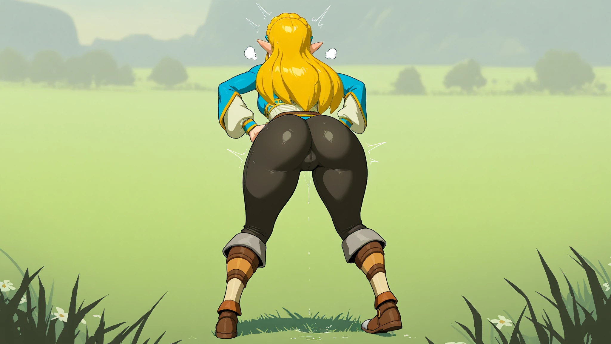 (masterpiece, best quality:1.3), Rizdraws, Thin Lineart, Soft Lineart, 1male, solo, link, blonde hair, green tunic, feminine male, wide hips, lipstick, flat chest, wide ass, 1/3 view, soft skin, from behind, pink thong, full body, ripped pants thong exposed, Zelda shocked, curvy body, grass plains backgrounds, zelda in background, pink nails