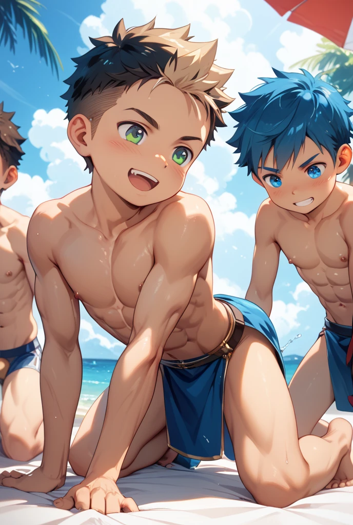 Master Piece)),(((Best quality))), (High quality, impressive),(expressive eyes, 1twinks african superboy wearing jocktraps, 1twinks african superboy perfect and big ass, muscular -09 --olds 1twinks african superboy wearing micro bikini, 1twinks african superboy grabbing big bulge, 1twinks african superboy , 1twinks mexican 1boy micro bikini, super gifted african 1twinks, 1twinks african superboy wearing thong, 1twinks african superboy bodybuilder, trio quartet, short light blue hair, short blonde hair, beautiful cute 1twinks 1boys, tropical Beach, pubic hair
