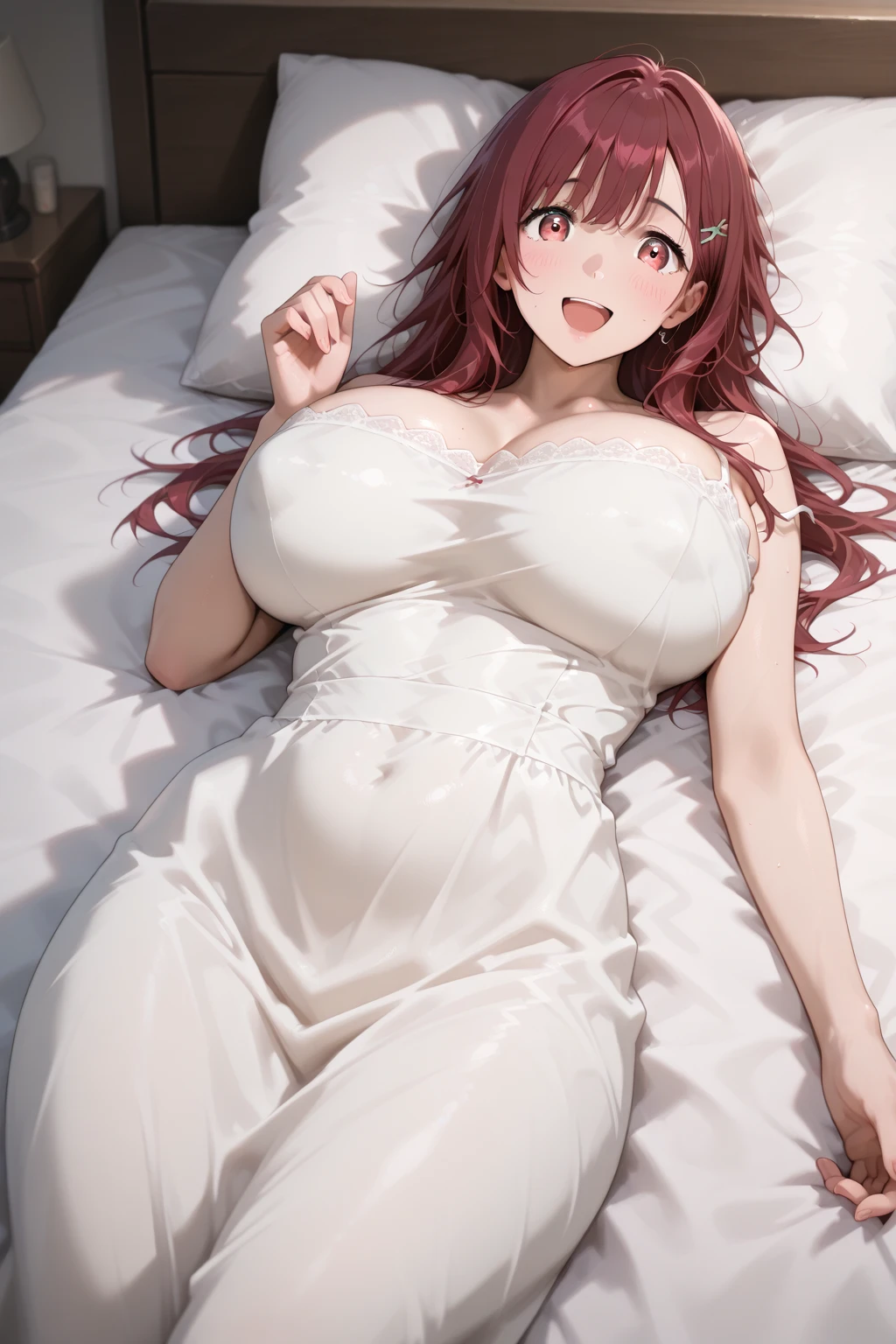 ((masterpiece)), (Highest quality), (detailed), (1 Girl),,Red eyes,Light brown hair、Long Hair、Wolf Ears、,bed、Large Breasts、Grin、T-Shirts(tight)Maxi dress