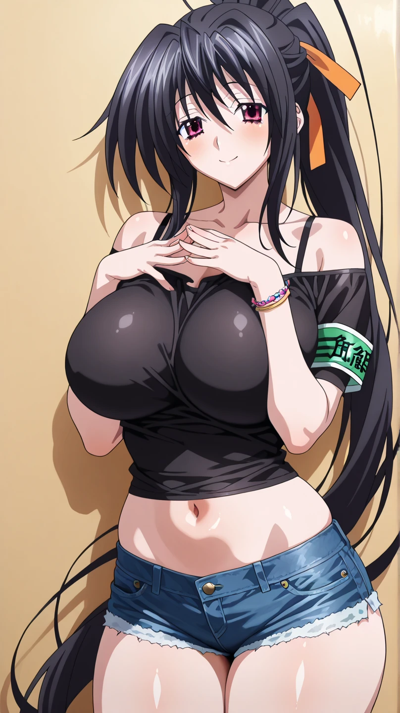 (Best quality:1.3), himejima akeno, black ponytail, large breasts, cleavage, unzipped jacket, shorts, smiling, (pov), street background