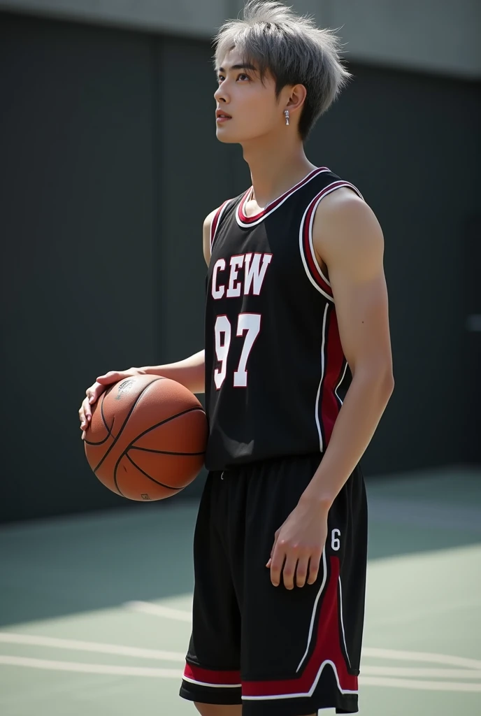 Boy playing basketball on basketball court,sweat leggs,Photos during exercise,Basketball costumeasculine,Exquisite facial features,virile,musculature,rich facial detail((The crotch is raised))closeup cleavage