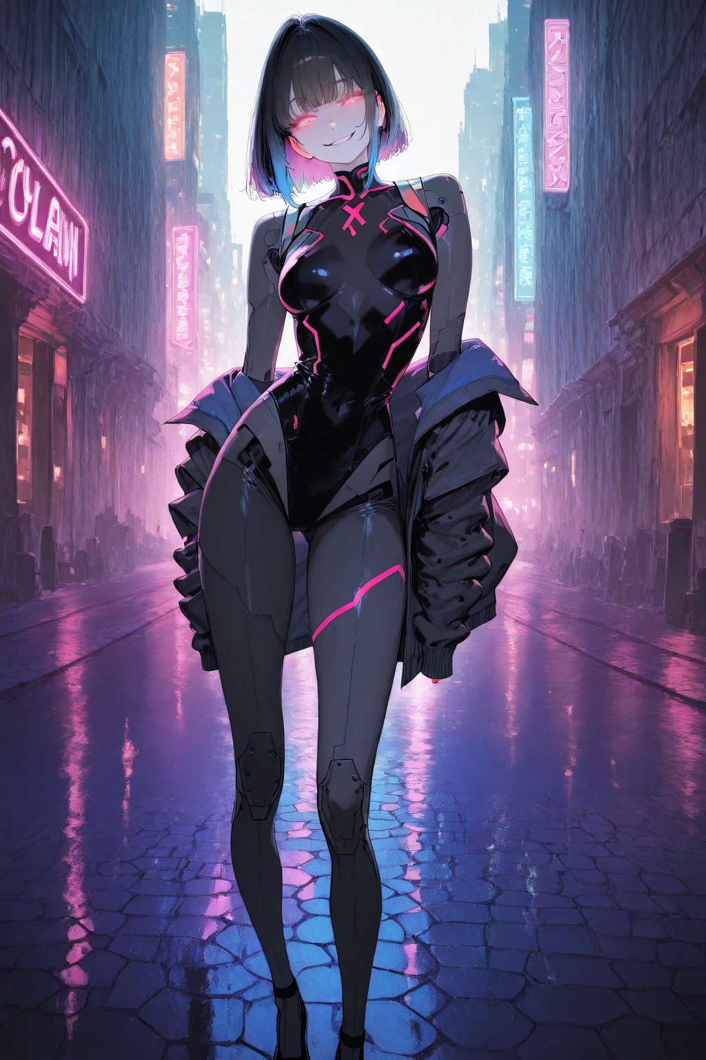 alone anime girl with short shoulder sized white hair, a very long black dress that does not show her legs at all with purple futuristic details over it, black boots with heels, black stockings, posing with her back turned, no looking back, looking at a far away cyberpunk style city at night, raining, with purple color grading, lots of purple neon lights, realistic, masterpiece, 4k, 8k