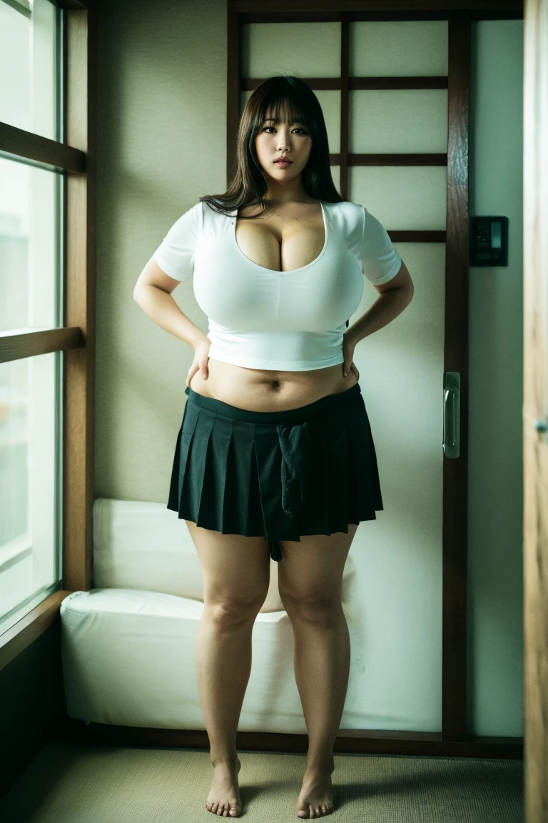 A beautiful beauty, long black hair, big eyes, round face, t-shirt , tight purple metalic skirt, sneakers , slightly fat, plump and sexy, delicate facial features, in the room, dark room, dark sky and dark clouds, HD, high quality, the best picture quality, extreamly thight skirt, glasses, chubby thighs, detail face