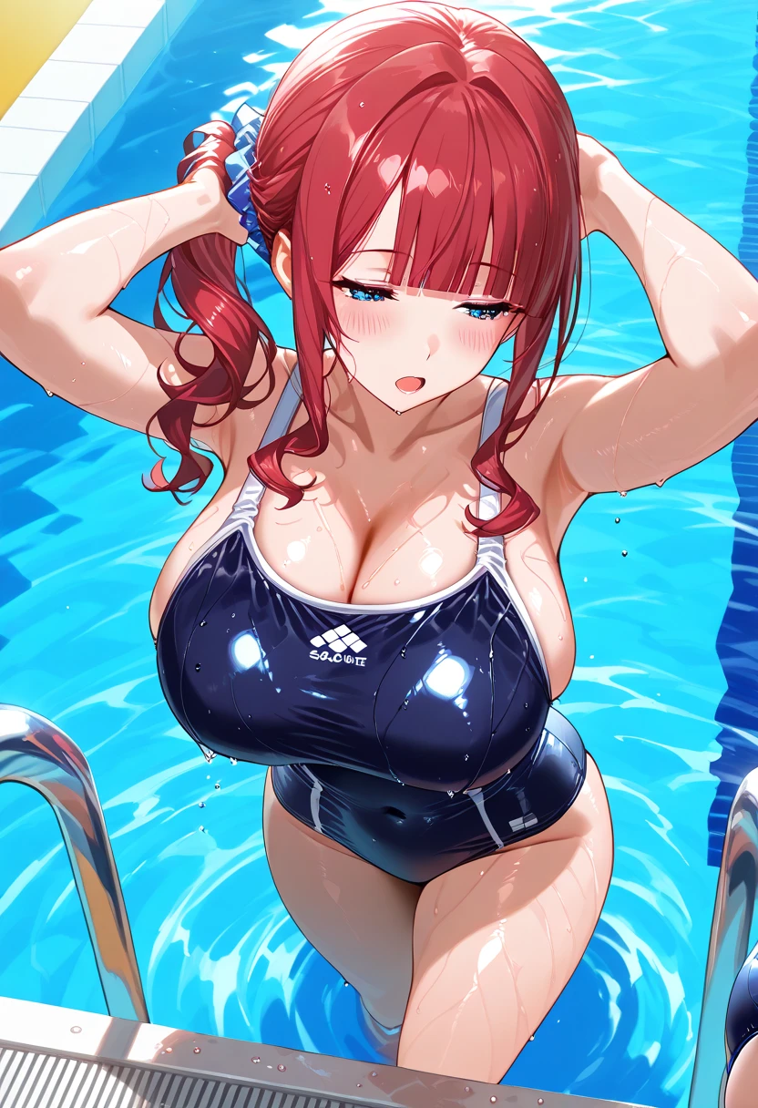 masterpiece, best quality, ultra high res, ultra-detailed, classroom, sunset, long brown hair, blue eyes, glasses, (gigantic tits and gigantic cleavage: 1.6), (hairy pubic hair: 1.4), (blue school swimsuit: 1.4), (a very slutty young girl in a school swimsuit is showing her body figure while sit on the edge of the pool with her legs spread wide with a very embarassed face and reddened cheeks: 1.6), wet, lewd slutty face