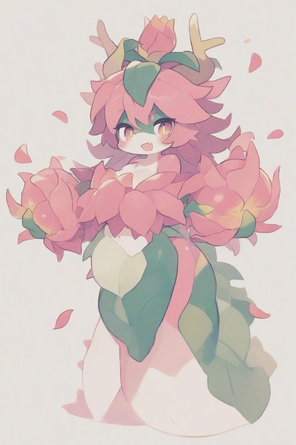 one person、male、maleの体格、lurantis(pokemon)、masterpiece、highest quality、(((Revealing white lace underwear)))、bra with ribbon、Grassland Background、Shy pose、Big ribbon on the waist、Idol costume with ribbons and frills、In the flower garden、Dance of Petals
