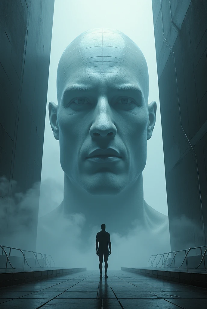 make a man 1 meter and 81 centimeters tall, bald and faceless and this man will be looking up. Around this man there will be only black darkness and red lines in this darkness., man will have only white light emanating from him to protect him.