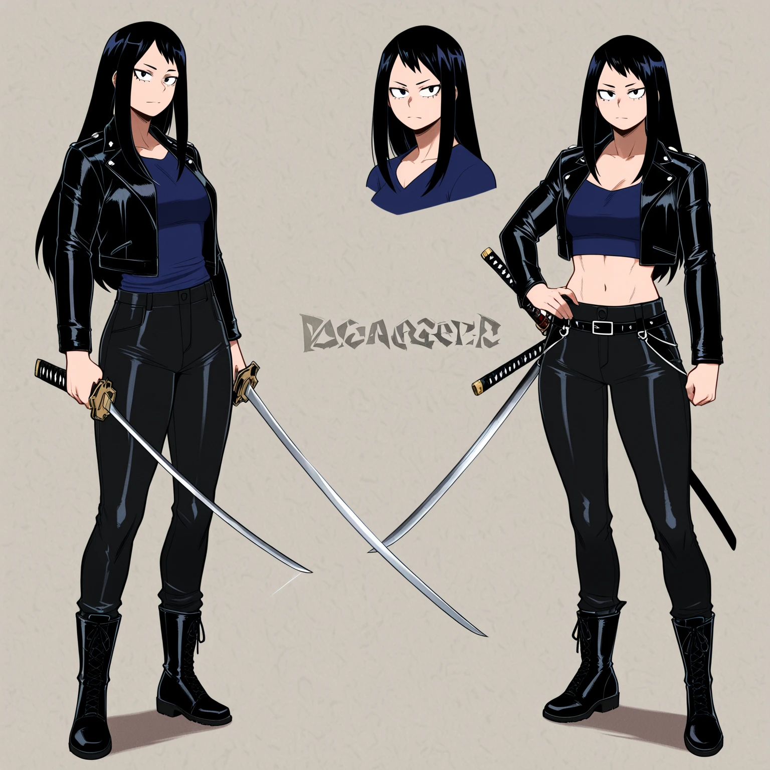 Create a Saiyan woman with long straight dark hair, she has red pupils, and armor that leaves his muscular belly showing, she has medium breasts, and dark blue pants cover his slightly muscular thighs, her boots are white and she has white gloves too, make a brown tail tied around your waist like a belt