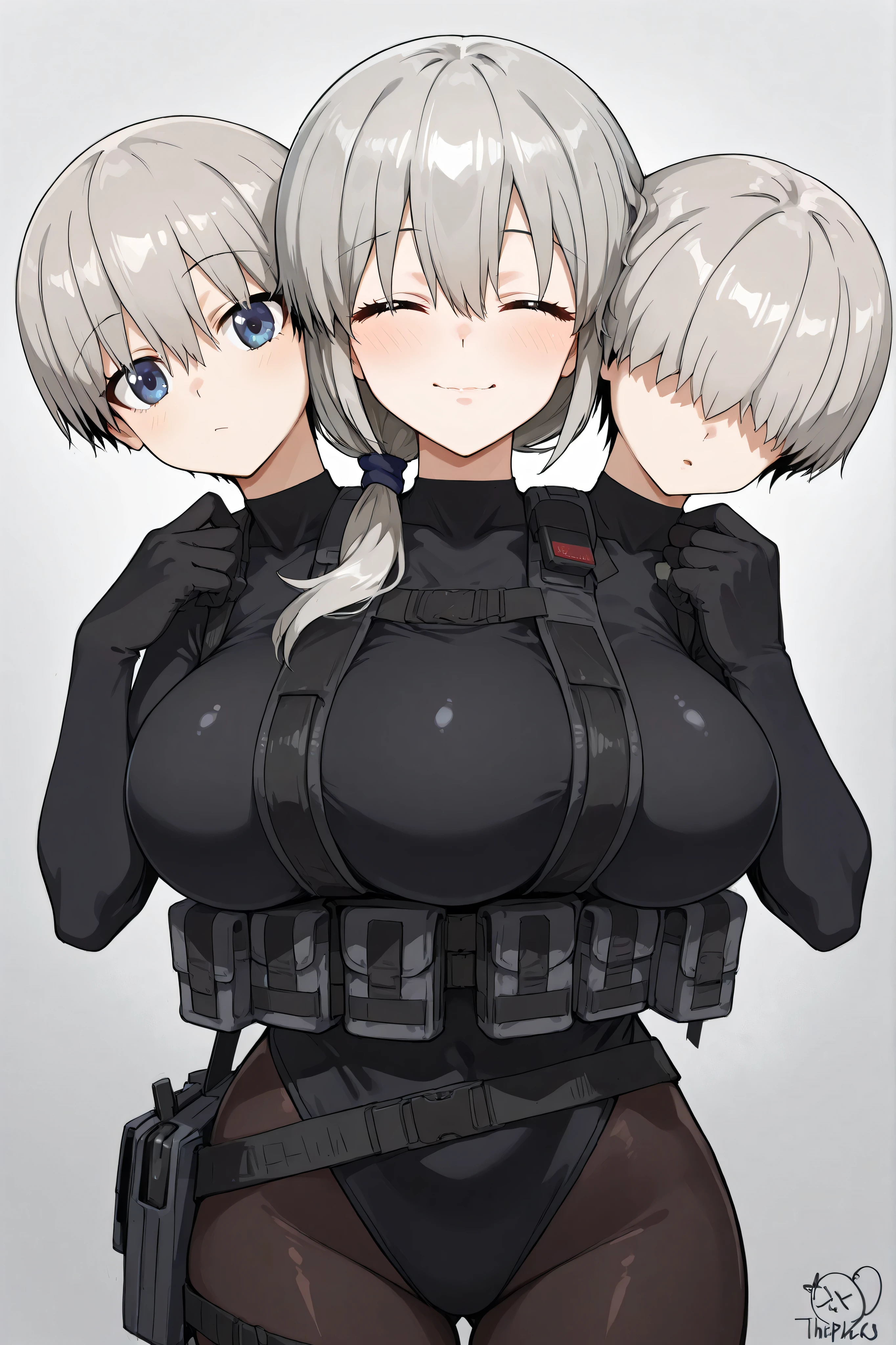 conjoined, 3girls, 3heads, three heads, a tall thin girls with 3heads, TripleTits, three breasts, grey hair, short hair, hair over shoulder, closed eyes, hair, hair over eyes, covered eyes, blue eyes, large breasts, black leotard, black bodysuit, black pantyhose, bulletproof vest, loose black gaiters, black gloves, tactical gear, upper body, front shots, uzaki tsuki, uzaki hana, uzaki yanagi