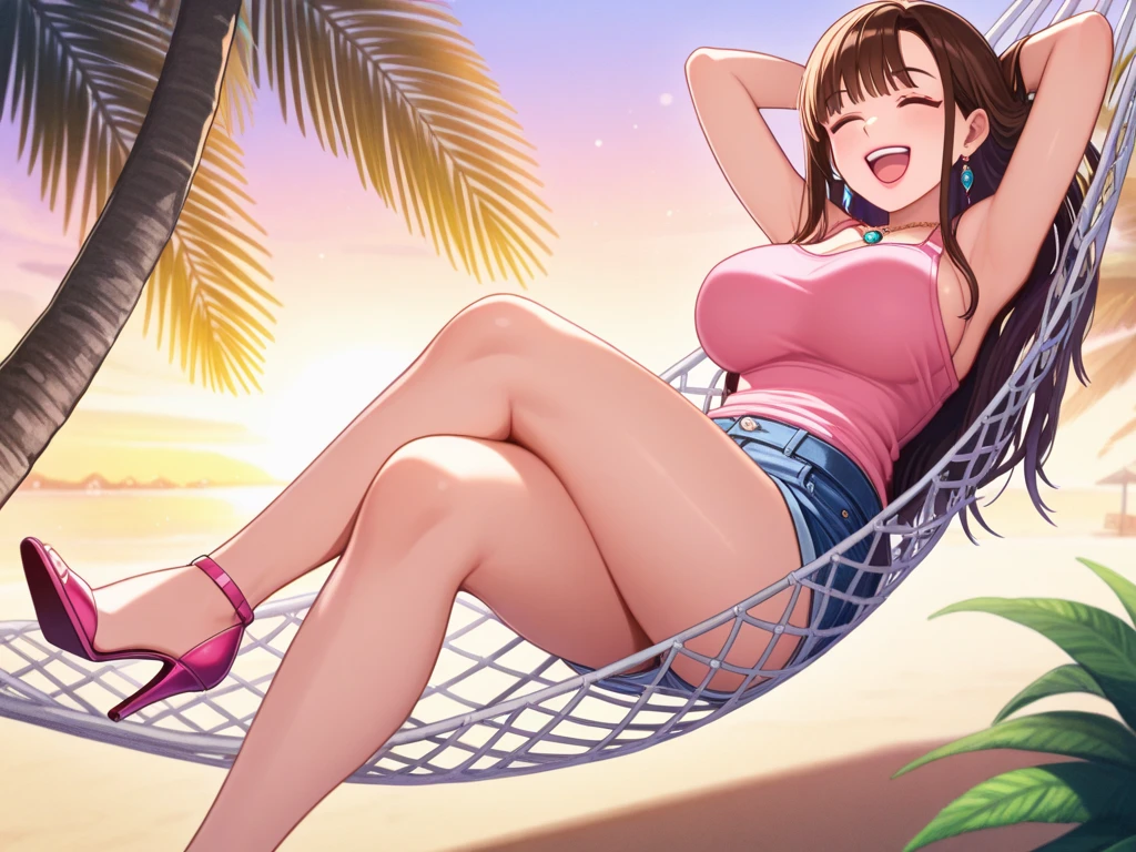 2D,highest quality,(masterpiece),(full body),((girl1people)),medium long hair,((amber brown hair)),((beach waves)),healthy dark skin,((denim hot pants)),「cheap」A pink tank top with the words,Shiny bare legs,barefoot,beautiful brown eyes,attractive thigheaty ass,Sloppy body shape,Bedroom,Get drunk,upper grade,cheeks are bright red,Cute with bruises,devilishly sexy,?????? look,Large drops of sweat all over the body,It's stuffy,sleep with your legs stretched out、my room、perfect limbs, perfect ???????, anatomically correct、((lie down on the bed))
