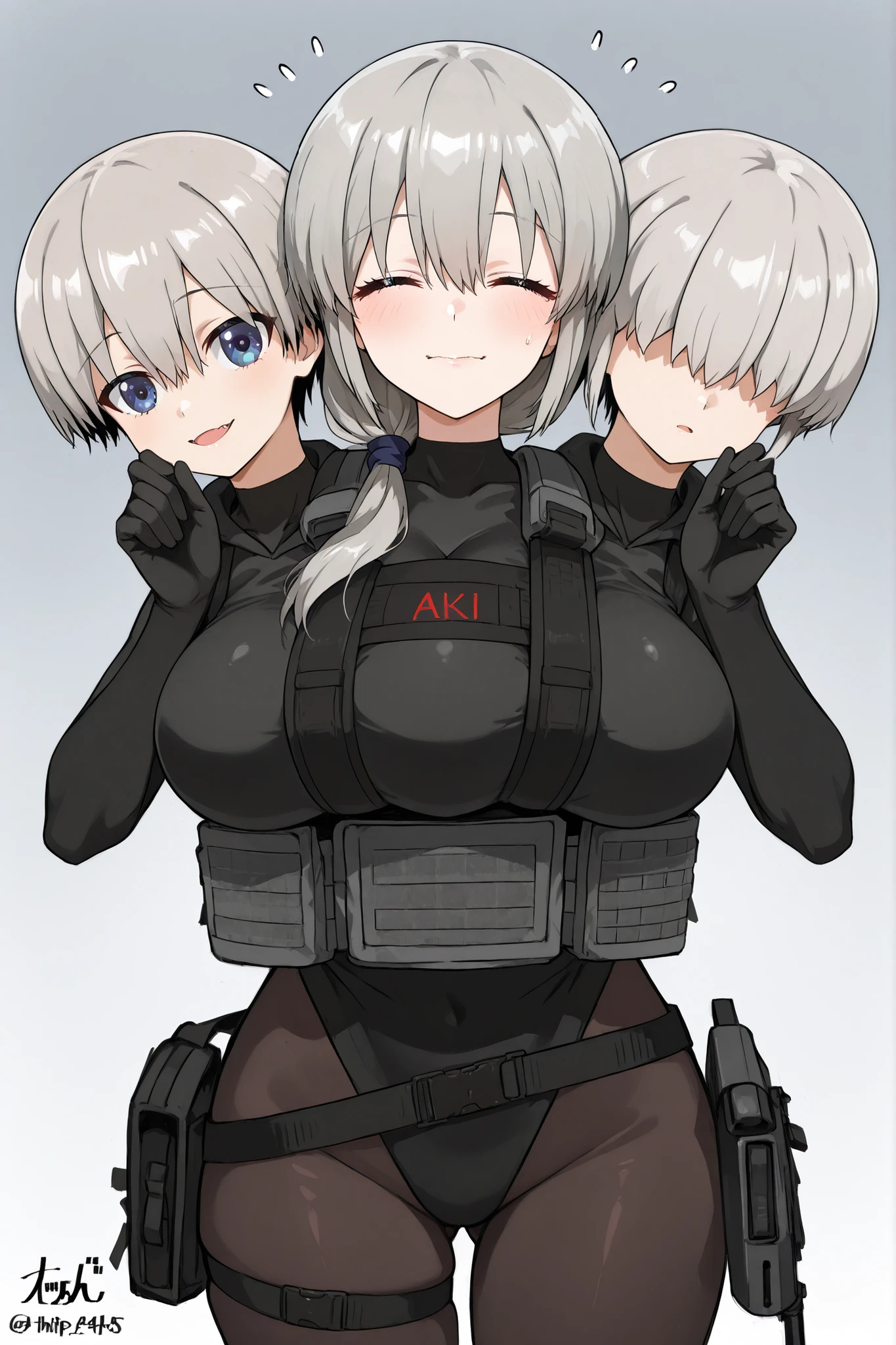 conjoined, 3girls, 3heads, three heads, a tall thin girls with 3heads, TripleTits, three breasts, grey hair, short hair, hair over shoulder, closed eyes, hair, hair over eyes, covered eyes, blue eyes, large breasts, black leotard, black bodysuit, black pantyhose, bulletproof vest, loose black gaiters, black gloves, tactical gear, upper body, front shots, uzaki tsuki, uzaki hana, uzaki yanagi, black AK-74M,