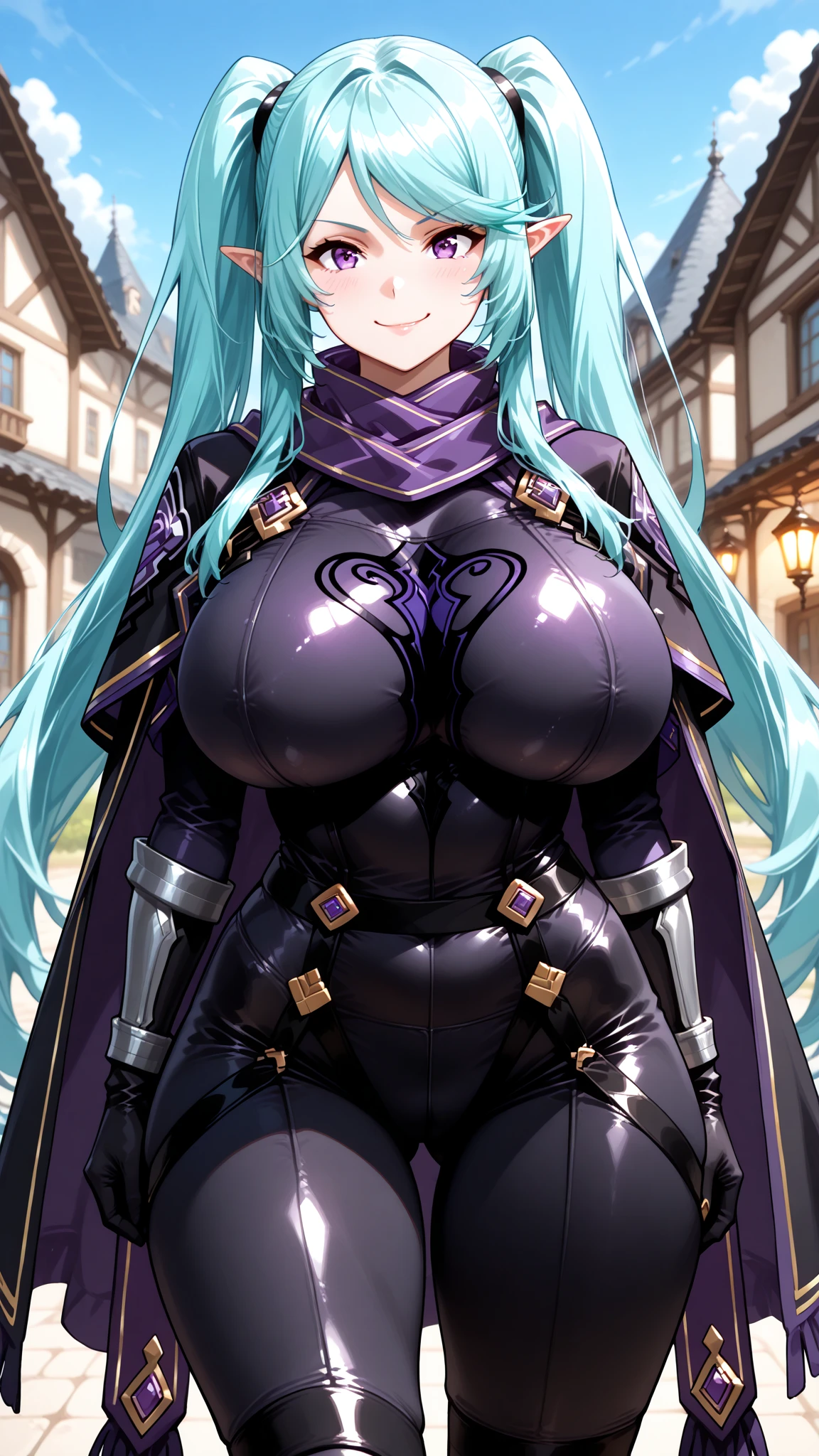 dark blue hair,,long hair,purple eyes,pointy ears,elf,((black tight body suit)),gigantic breast,wide hips