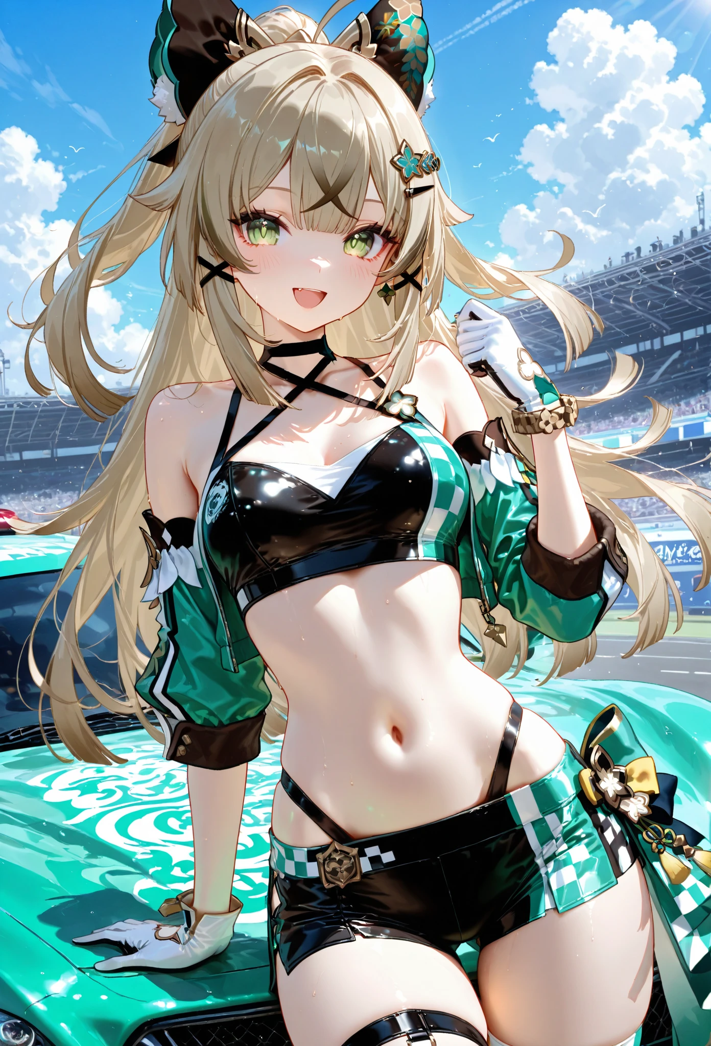 1 girl、solo、Long Hair、chest、Staring at the audience、blush、smile、Blonde Hair、大きなchest、belly button、chestの谷間、Sitting、Close your mouth、Green Eyes、Swimwear、Short sleeve、bikini、Thighs、Outdoor、Open clothes、null、Glasses、Shorts、choker、noon、cloud、stomach、青null、Shorts、Underbust、（黒眼帯bikini）、High leg、黒choker、黒Shorts、Hair Intake、地上car両、自動car、car、Open Fly、Confetti、High legbikini、Micro Shorts、Race Queen