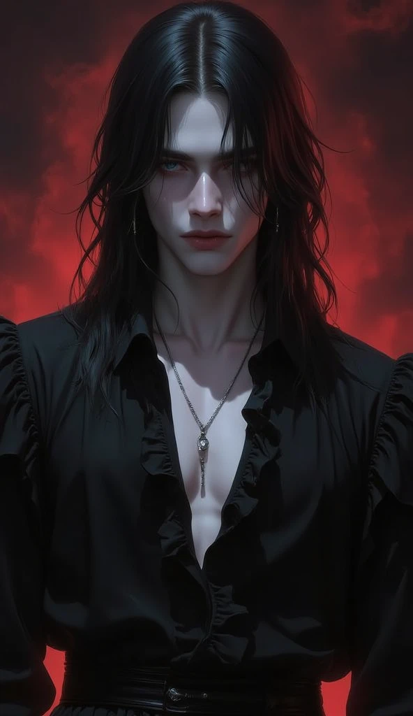 Um vampiro, vestindo um terno preto, His skin is white as snow, your teeth are sharp, on his hands is human blood, seu cabelo cobre seus olhos