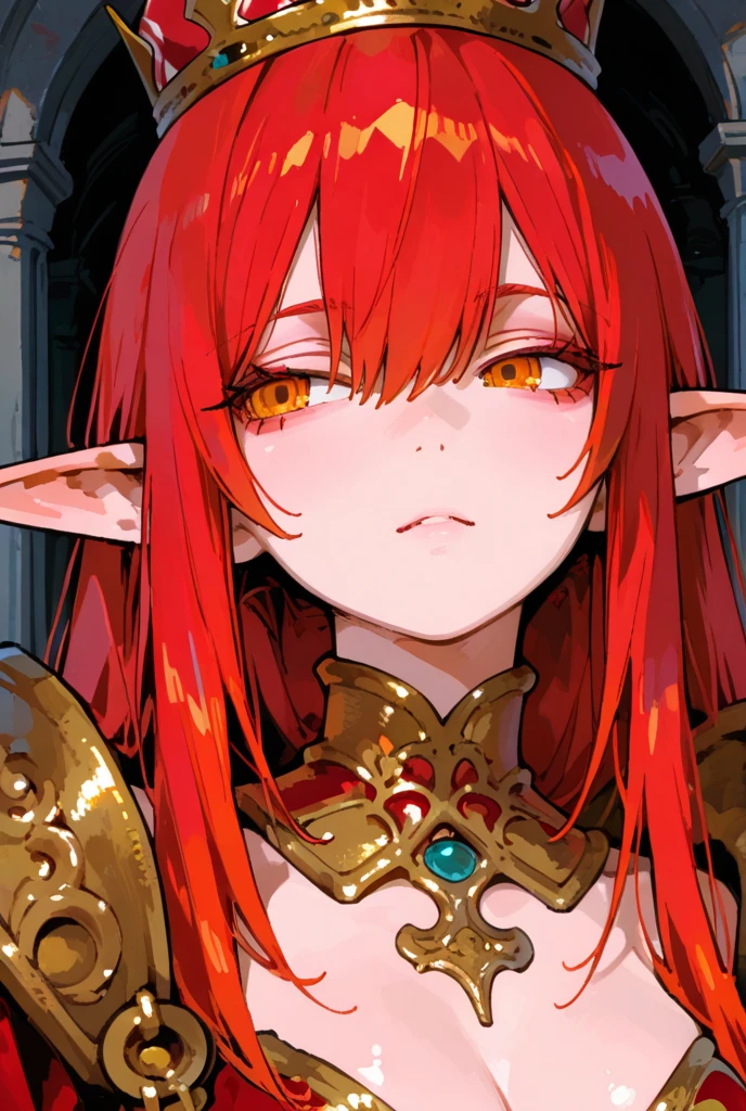 solo, female, sfw, medium shot, long hair, curly hair, big hair, ponytail, red hair, golden eyes, pointed ears, huge breasts, dragon tail, red scales, claw hands, dressed in rags, collar, least, slave, auction, medieval, day