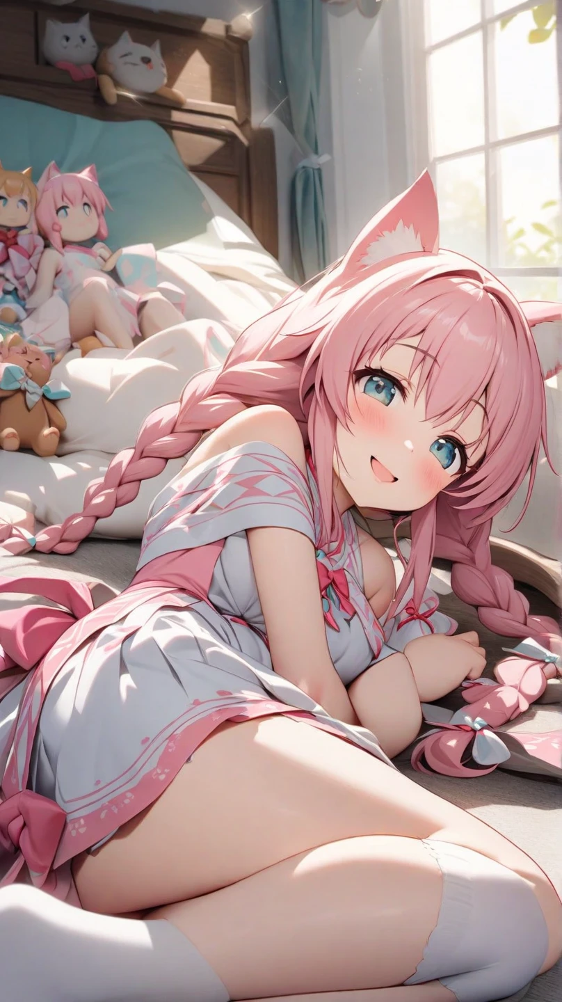 ((masterpiece))、((best qualtiy)、(Super Detail)、8K、Delicate depictions are filmed in anime style。(natta:1.4)、(a smile)、 (Very long hair、Pink hair and bright blue eyes、)(Twin-tailed)Her blue eyes are highlighted。 The overall tone is brighter、She's lying。(See-through nightdress),Moon,window,Bedroom,(Lying in bed with a pillow)