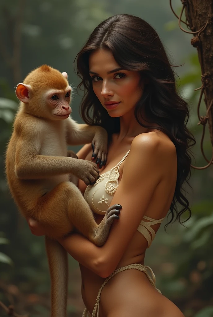 (photorealism:1.2), a sexy curly brown hair woman in white lace lingerie with black stocks on all fours, monkey riding her