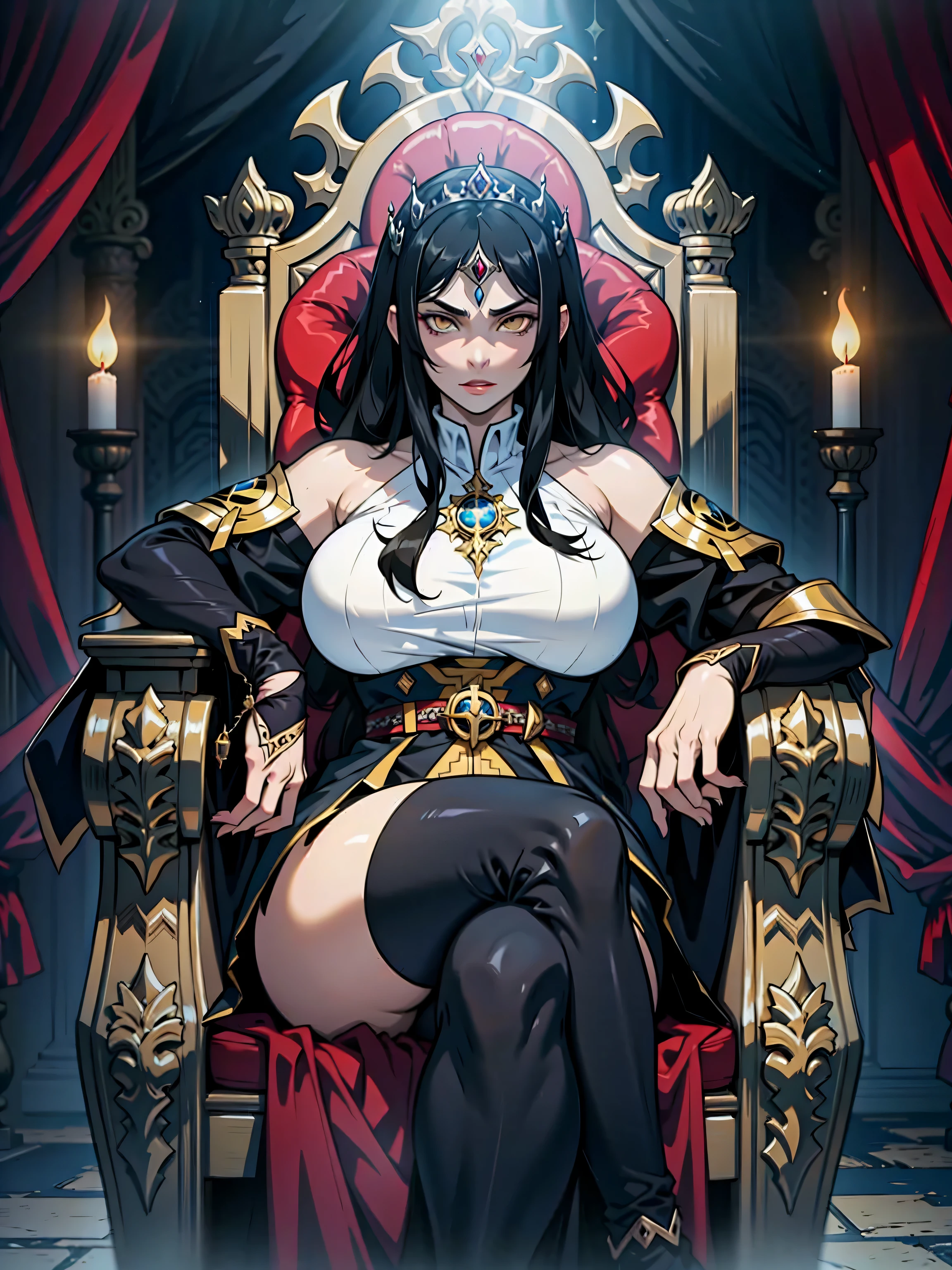 Boa Hancock,1girl, long hair, breasts, blue eyes, large breasts, black hair, navel, cleavage, jewelry, sitting, thighs, earrings, midriff, cape, legs, crossed legs, epaulettes, skull, long legs, snake, boa hancock