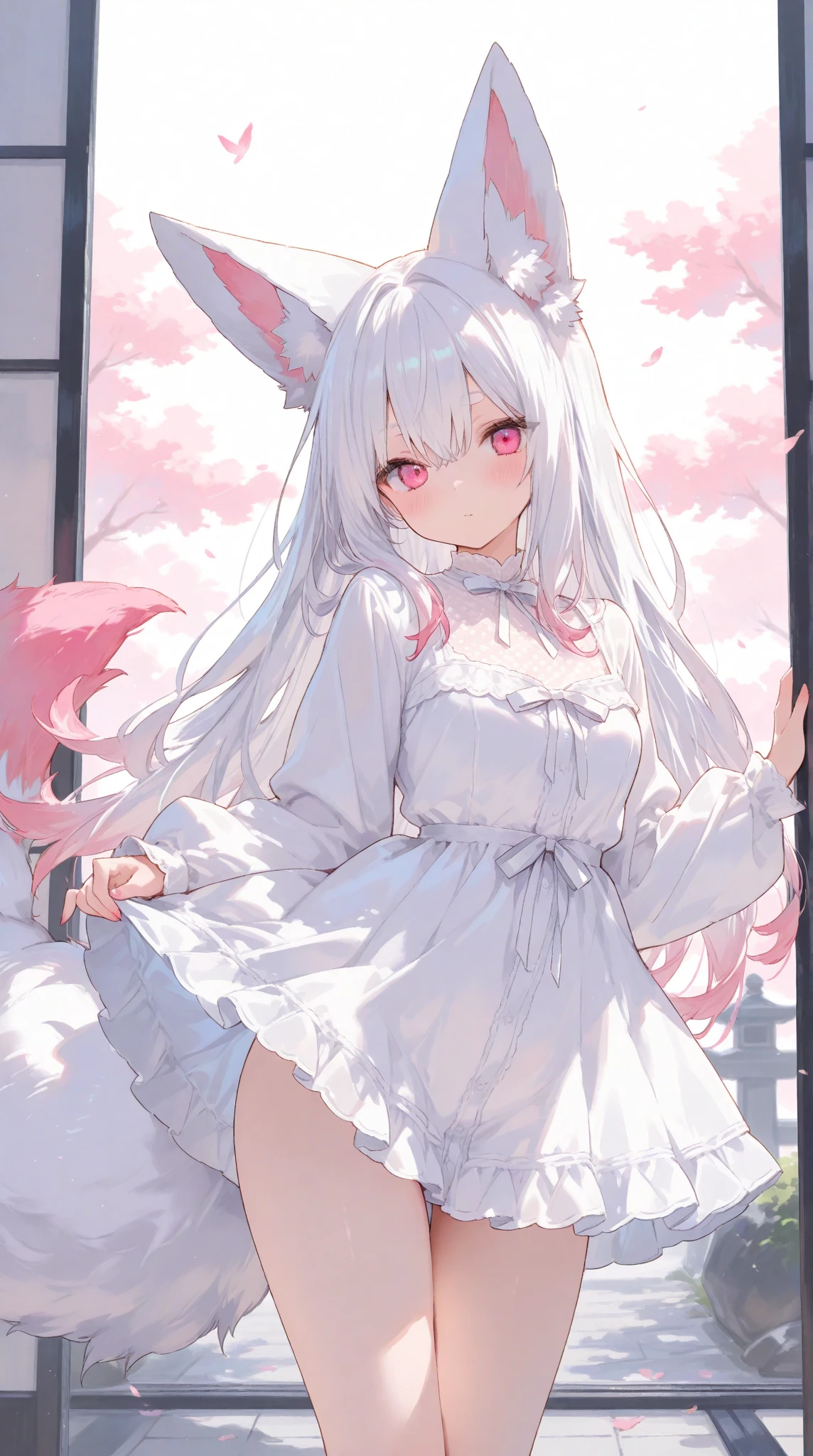 (tmasterpiece)、(quality)、(ultra - detailed)、(独奏)、Beautiful girl of 14 years old、small、medium,bshoulders、to emphasize、Thighs exposed、Long white hair,bshoulders、White super short lolita,Bareleged,Look at the camera shyly,Grab the hem of the skirt,lift it up,(Clear liquid flows from thigh to calf),Full body photo,(in pink)