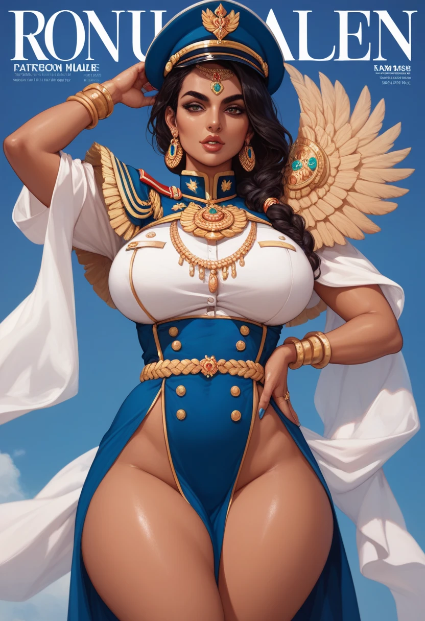 (masterpiece, top quality, best quality, official art, beautiful and aesthetic:1.2), (1girl:1.3), ((Full Body)), ((Long Legs)), (slim waist), ((wide hips:1.3)), ((wide shoulders)), (big eyes), (massive female bodybuilder:2), (Huge Breasts:2), long wavy black hair, tanned skin, extremely detailed, portrait, looking at viewer, solo, detailed background, close up, mischievous eyes, (hot summer desert Arabia theme:1.1), Persian duelist woman, dark makeup, charlatan, smirk, mysterious, walking in desert, revealing blue and gold and sapphire Arabian harem girl attire, see through clothes, sheer fabric, poofy blue pants, strapless, off shoulder top, tight top, tight tube top, jewelry, armlets, elaborate necklaces, blue fabric, gold jewelry, precious stones, scimitar, curved sword, ((((cleavage, skindentation)))), slim waist, wide hips, wide shoulders, ancient (Arabian palace exterior:1.1) background, dark mysterious lighting, shadows, magical atmosphere, dutch angle,