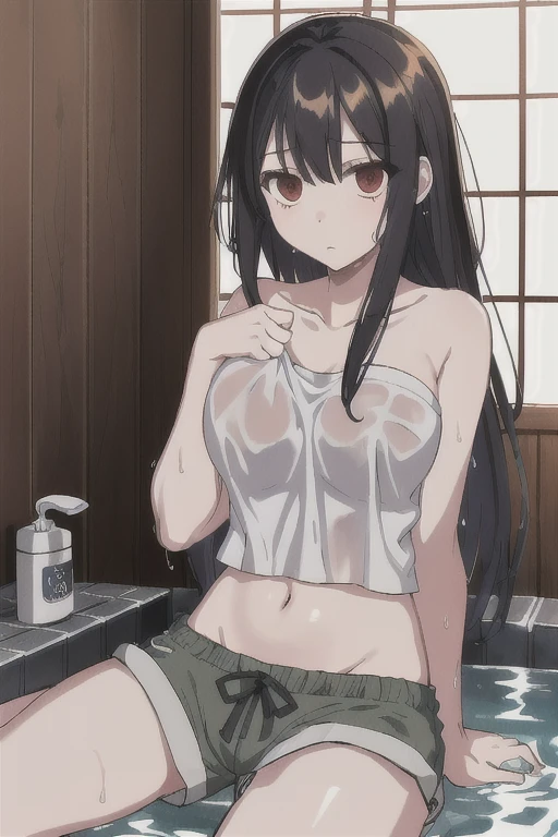 ((masterpiece,Highest quality;1.3,best illustration)),cowboy shot,1woman、solo,30 year old beauty,((very small head:1.3)),black hair,(low ponytail),long hair,bangs,black eyes,gorgeous eyes,blush,regrettable,tears,medium breasts,(very long body:1.3),((toned body,slender body,skinny)),gleaming skin,shiny skin,oily skin,sweat,((Injury:1.4)),Black tube top shirt、navel、White panties,prison、Wooden wall、medieval Japan、